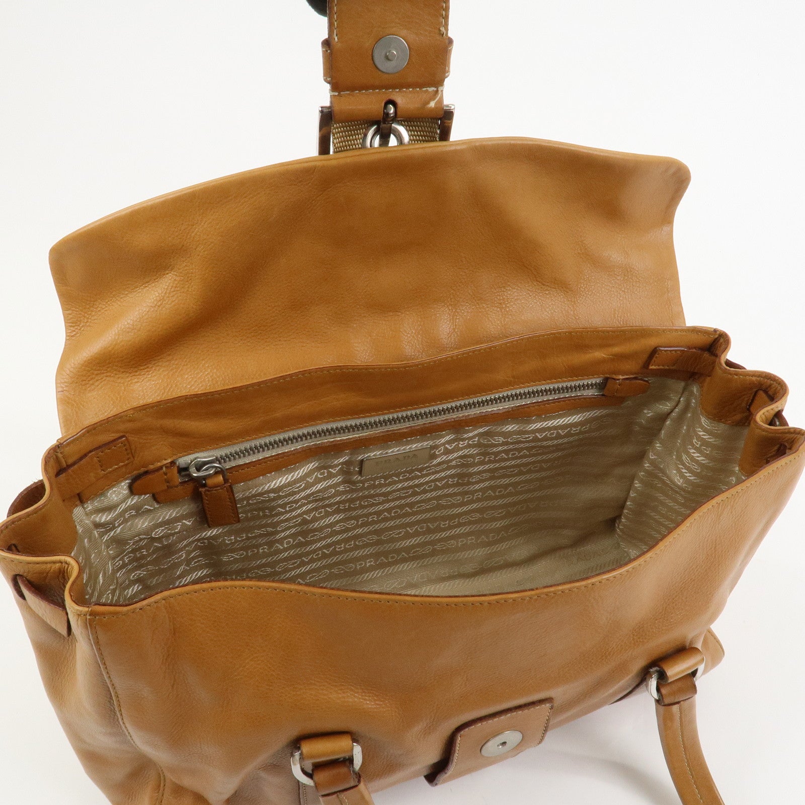 PRADA Triangle Logo Leather Nylon Shoulder Bag Brown BR2418