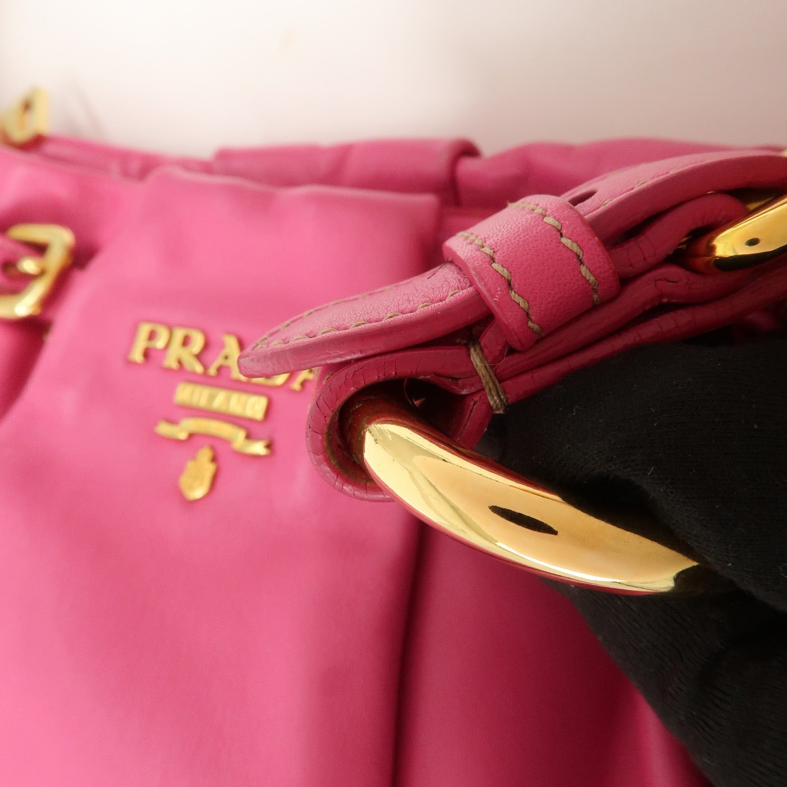 PRADA Logo Leather Shoulder Bag Pink Gold HDW