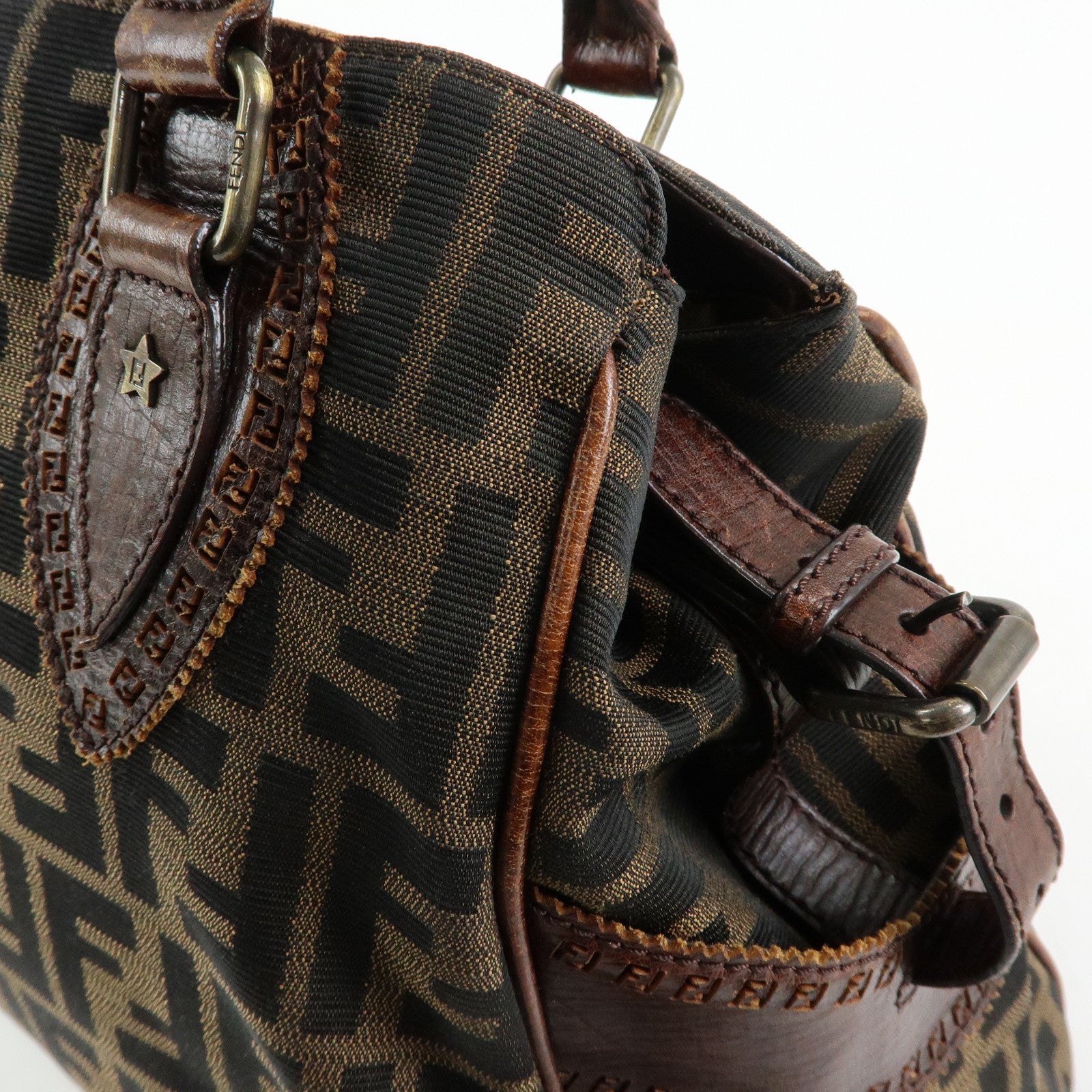 FENDI Ethnico Zucca Canvas Leather Tote Shoulder Bag Brown 8BN162