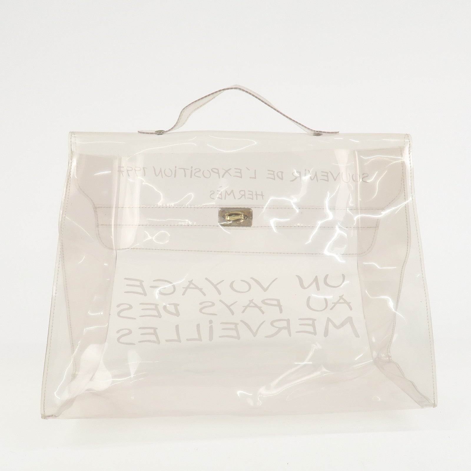 HERMES Vinyl Kelly Hand Bag Clear White Gold