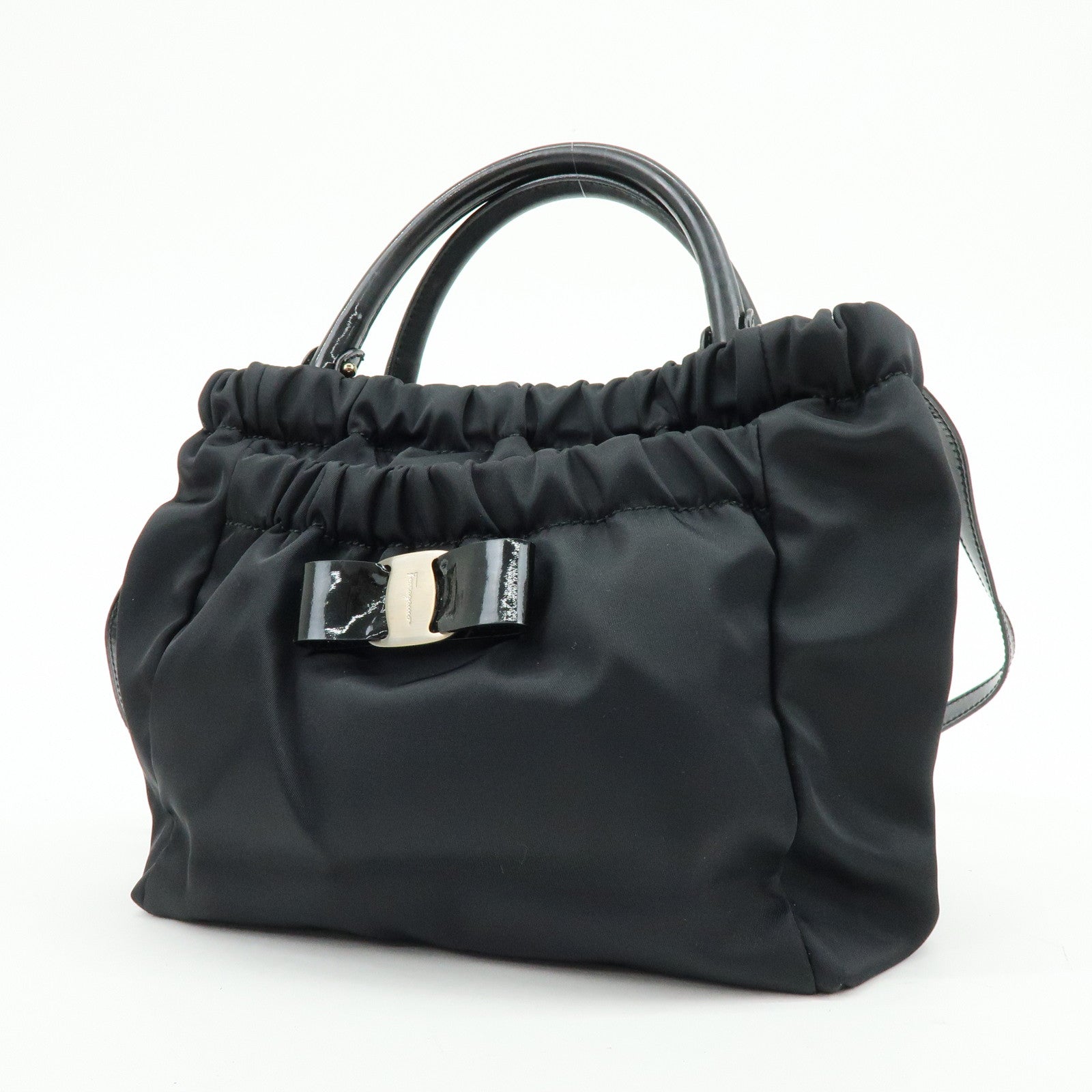 Ferragamo Vara Ribbon Nylon Patent Leather 2Way Bag Hand Bag Black