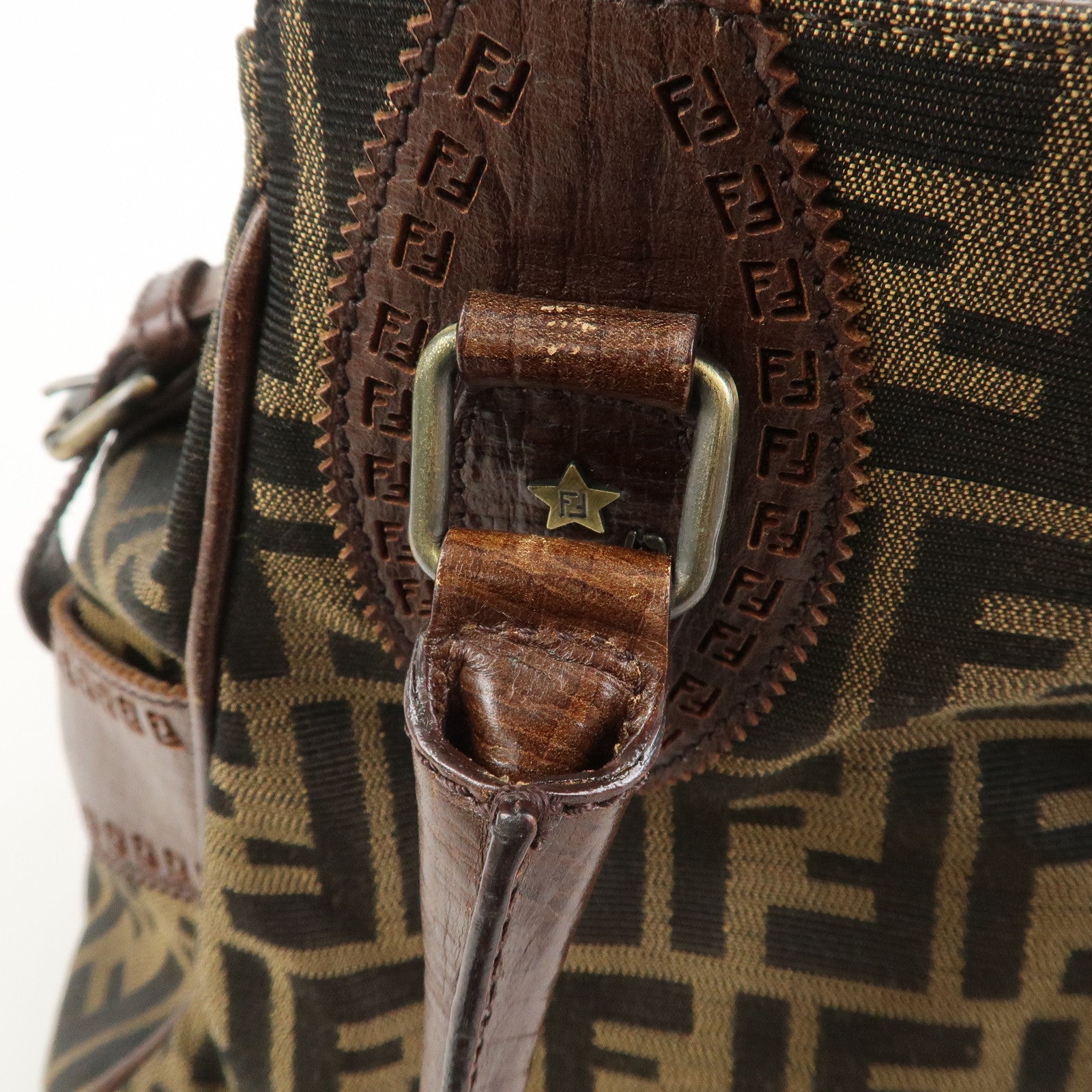 FENDI Etnico Canvas Leather Shoulder Bag Brown Black 8BN157