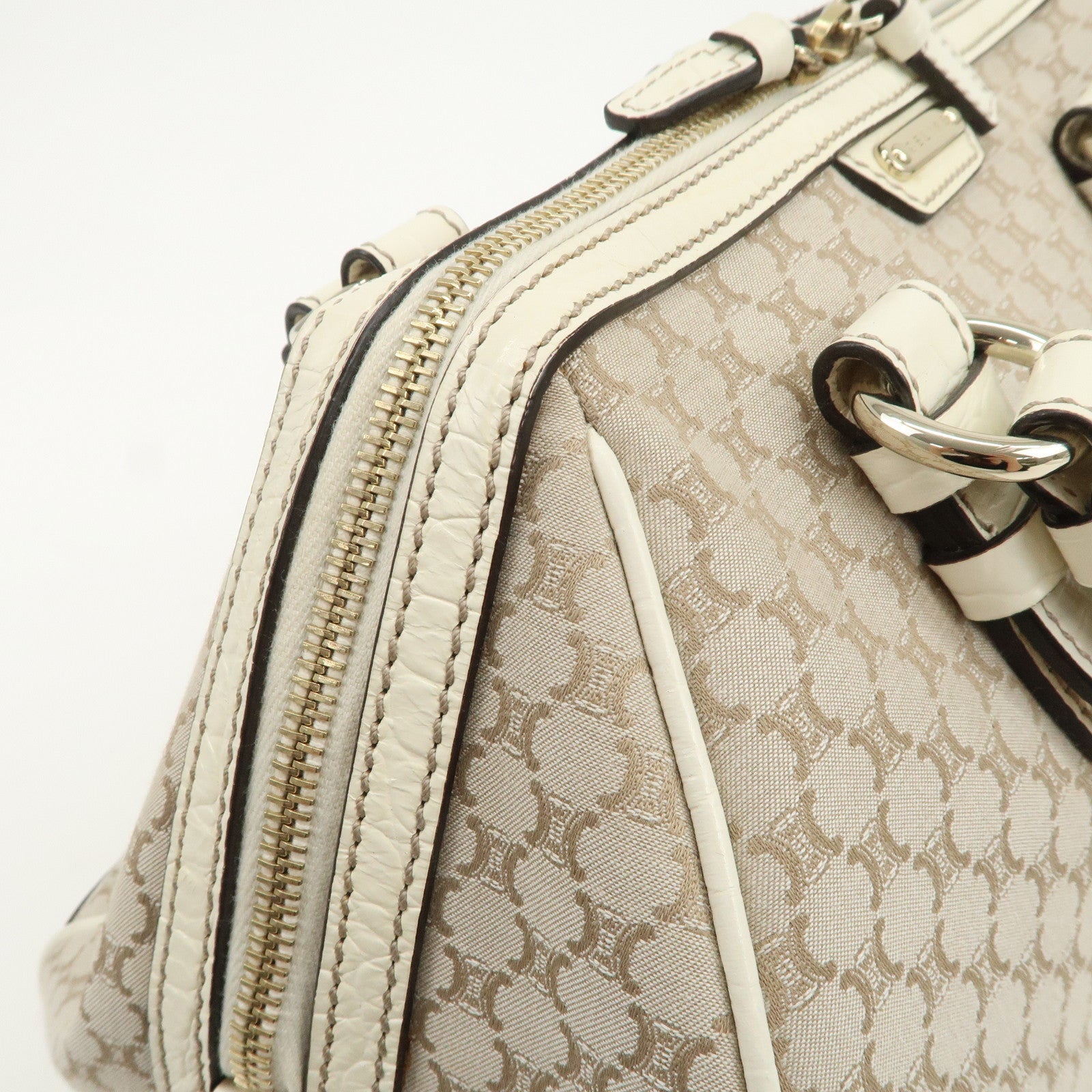 CELINE Macadam Canvas Leather Boston Bag Hand Bag Beige Ivory