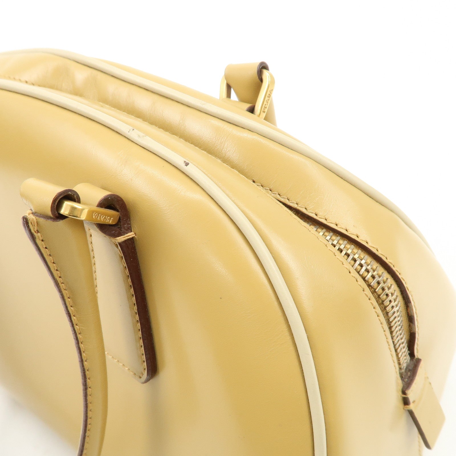 PRADA Leather Bowling Bag Boston Bag Hand Bag Gold HDW Beige