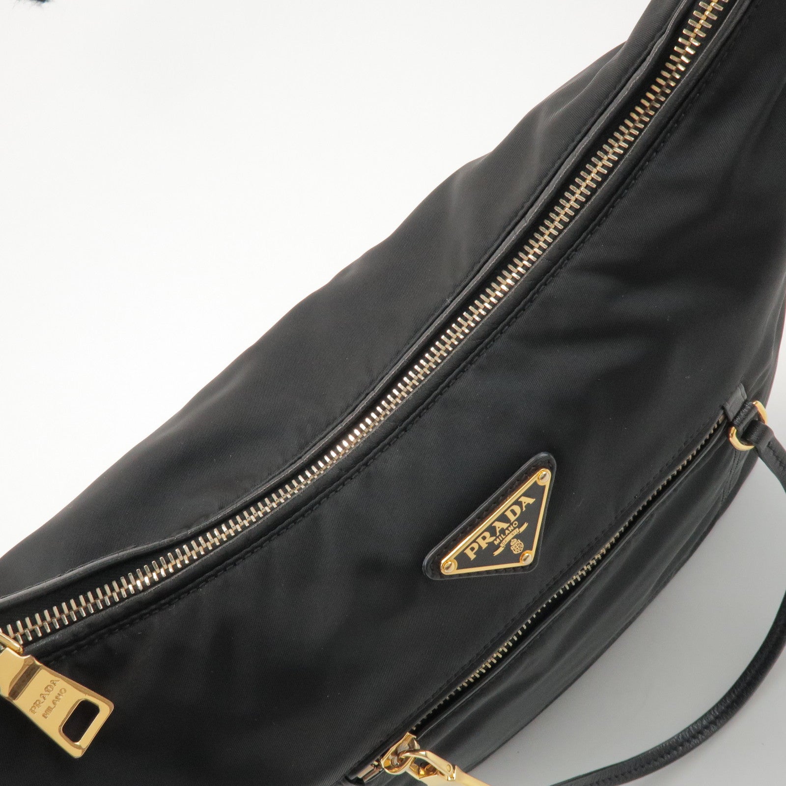 PRADA Triangle Logo Nylon Leather Shoulder Bag Black