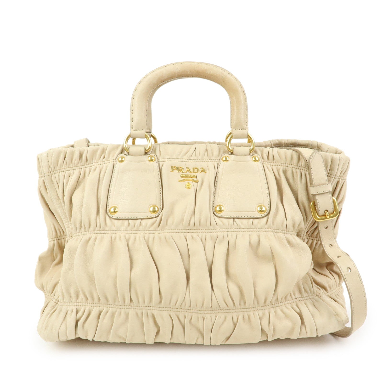 PRADA Logo Gathered Leather 2Way Hand Bag Shoulder Bag Beige BN1924