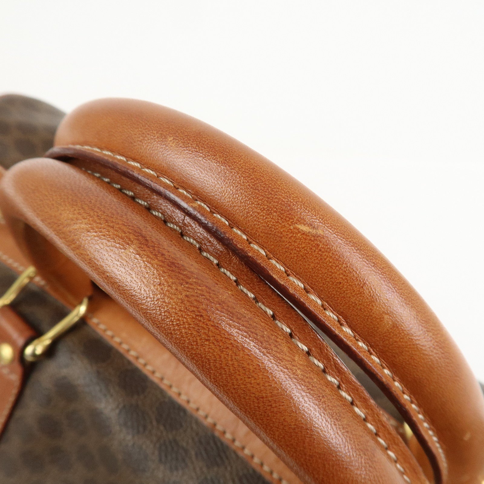 CELINE Macadam PVC Canvas Leather Boston Bag Hand Bag Brown