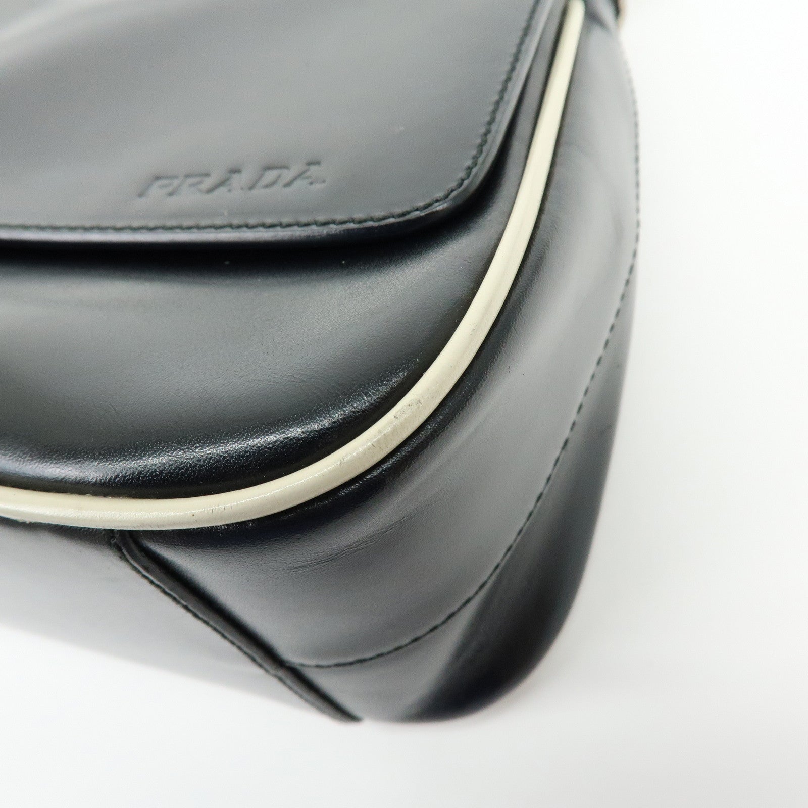 PRADA Logo Leather Shoulder Bag Hand Bag Black White