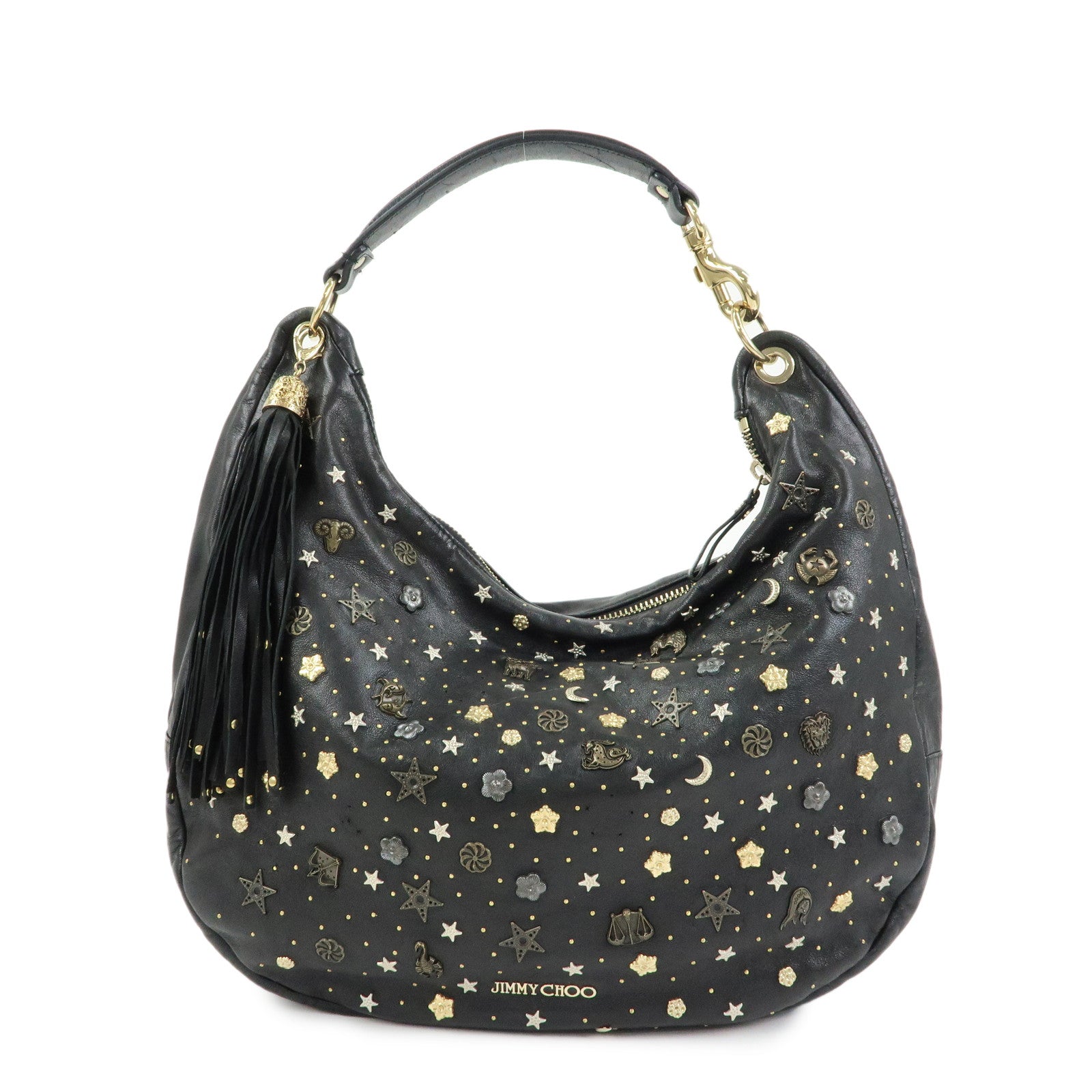 JIMMY CHOO Zodiac Leather Studs Shoulder Bag Hand Bag Black