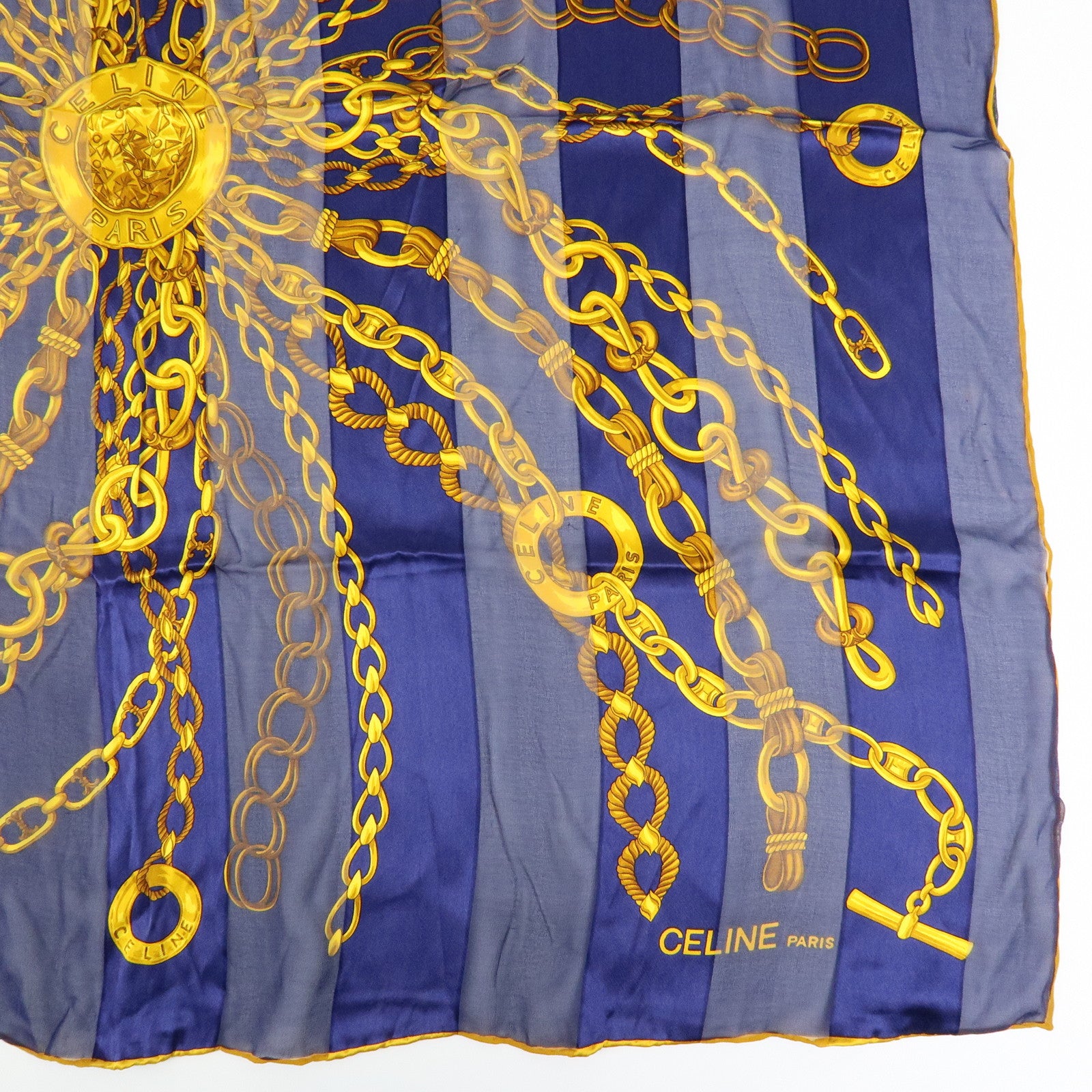 CELINE Silk 100% Chiffon Scarf Gold Chain Motif Navy Gold