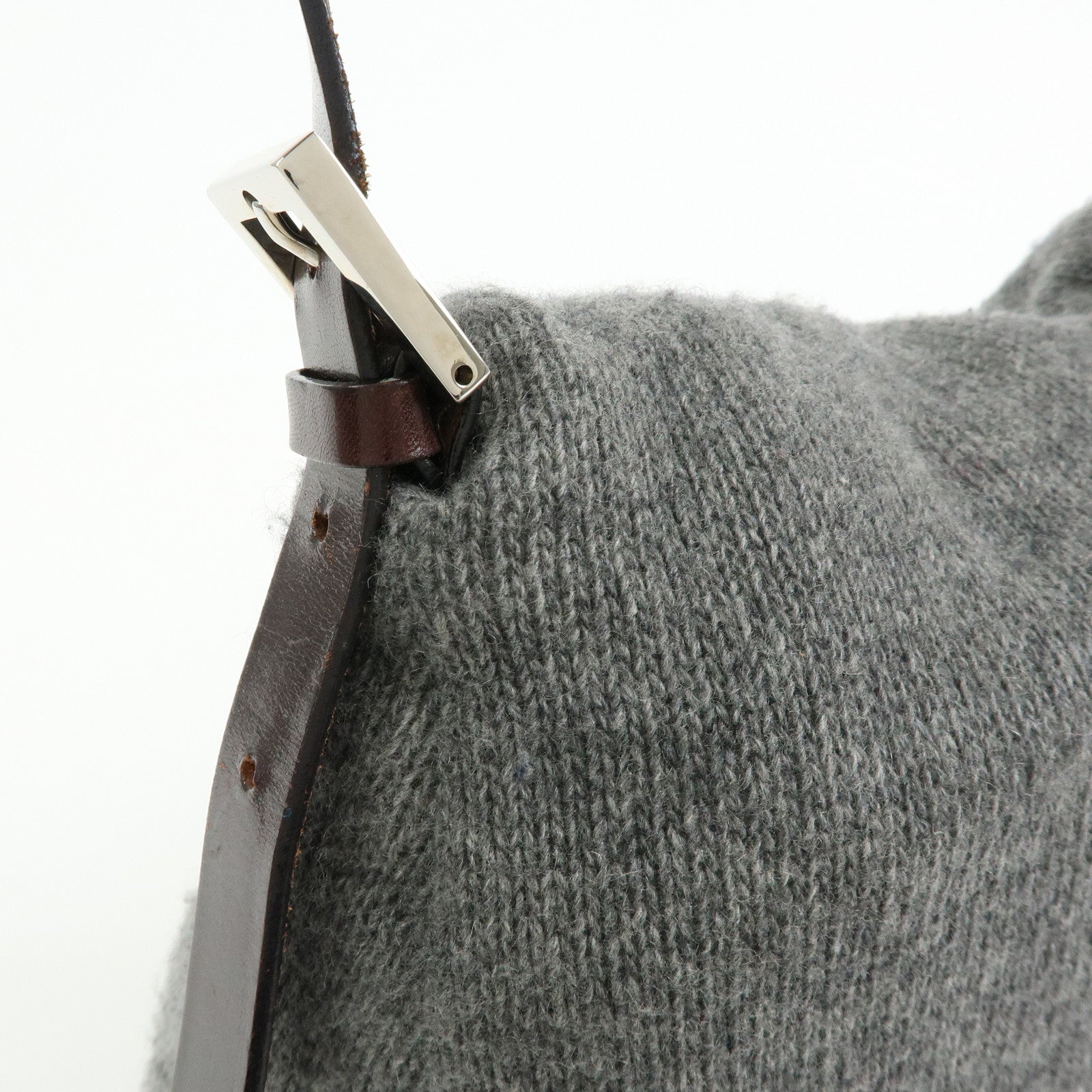 FENDI Mamma Baguette Wool Leather Shoulder Bag Grey Brown 26325