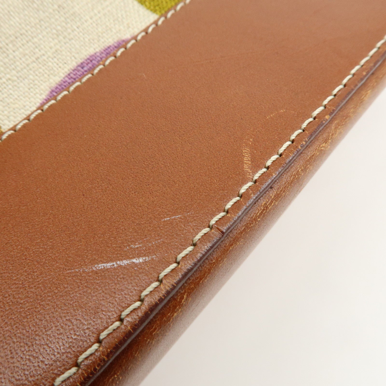 CELINE Flower Canvas Leather Tote Bag Shoulder Bag Brown Natural