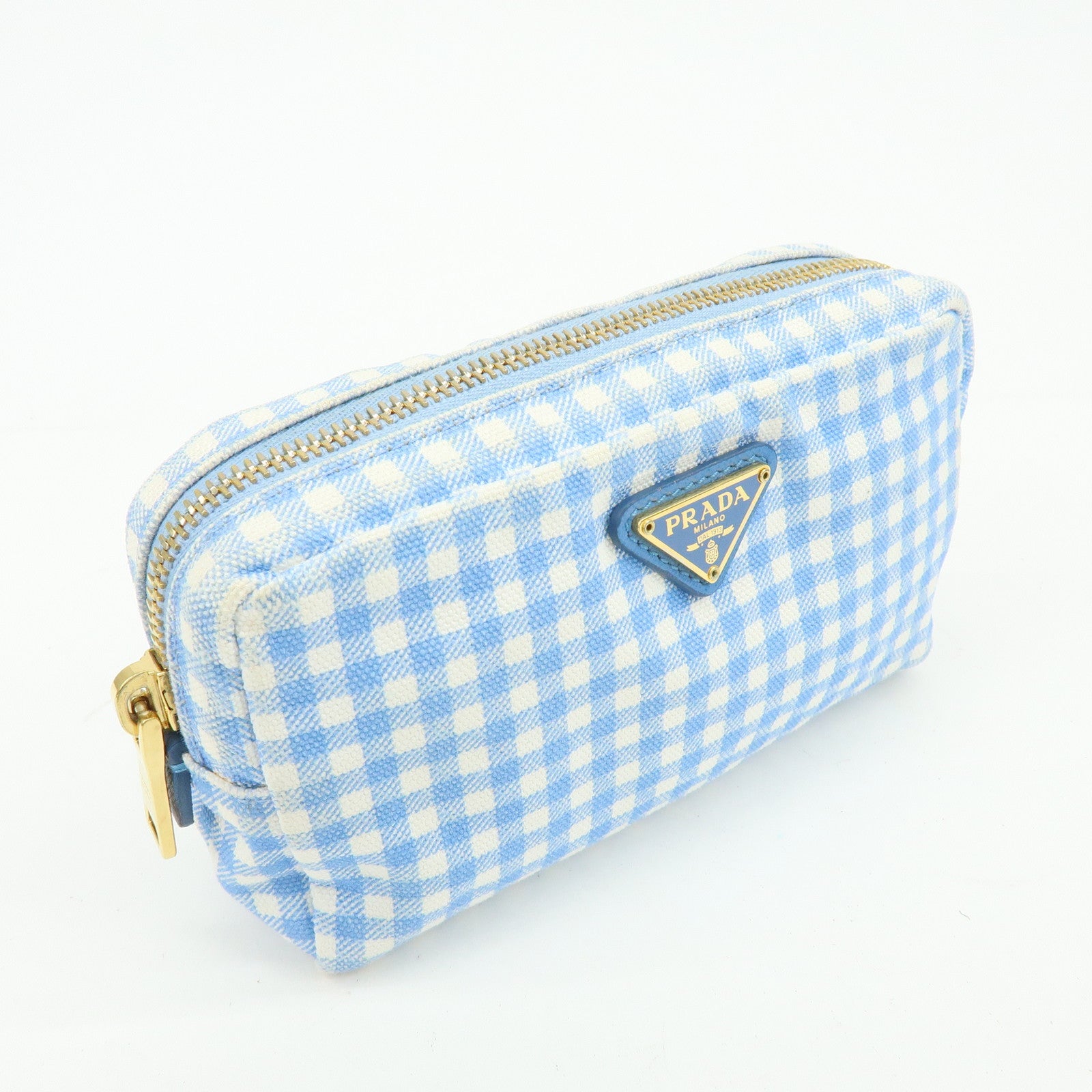 PRADA Triangle Logo Canvas Gingham Pattern Pouch Blue 1NA021