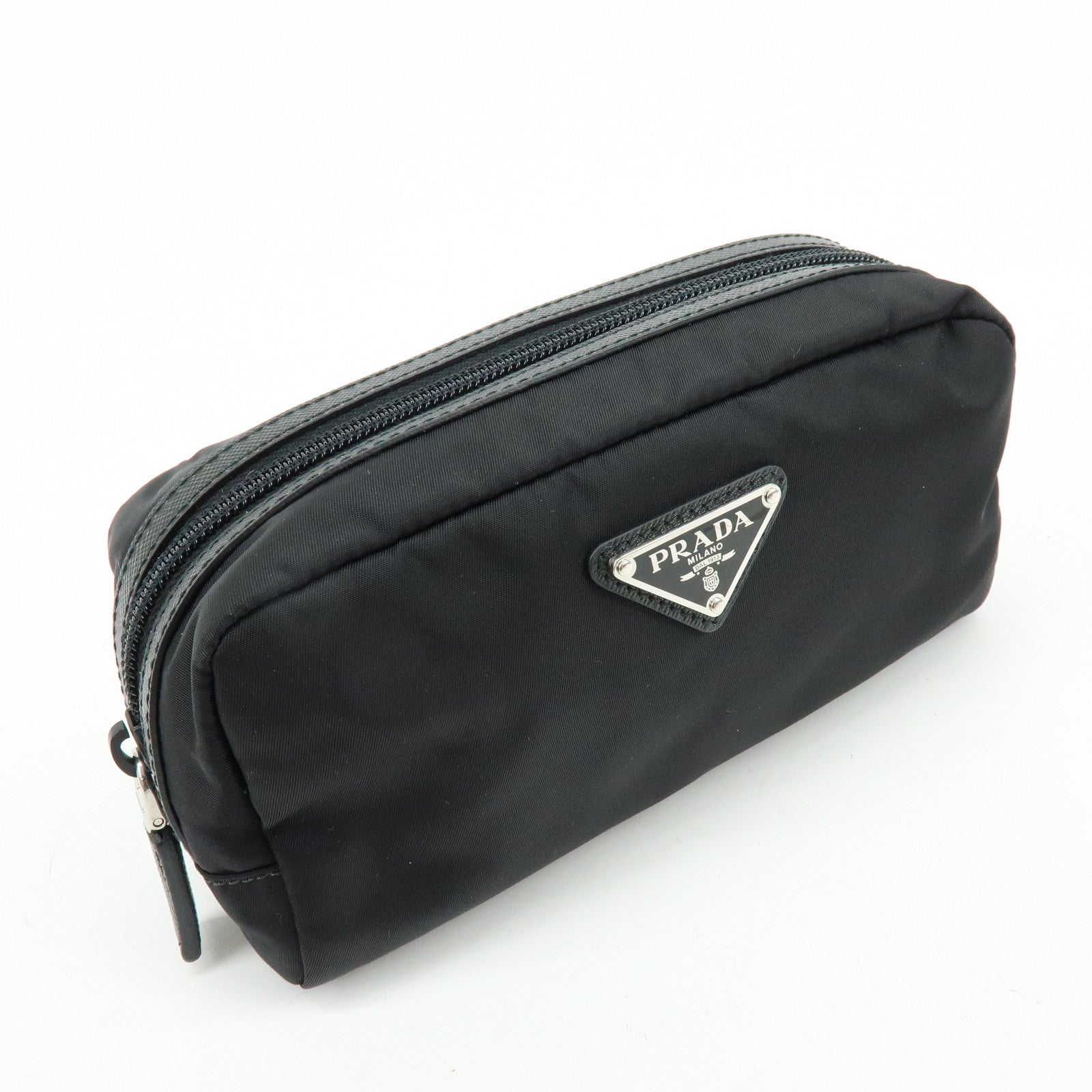 PRADA Triangle Logo Nylon Saffiano Leather Pouch Black