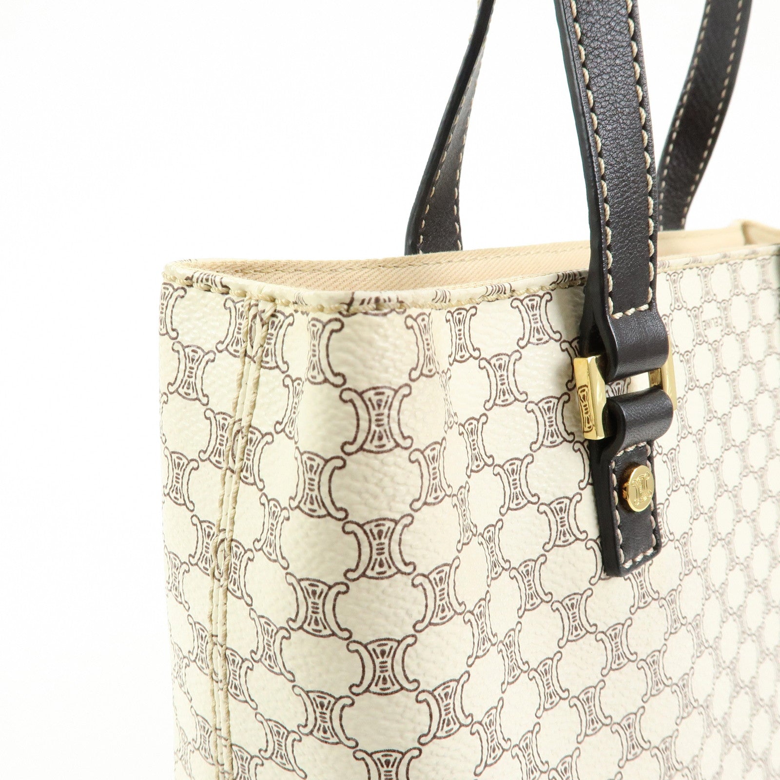 CELINE Macadam PVC Coated Canvas Leather Tote Bag White Dark Brown