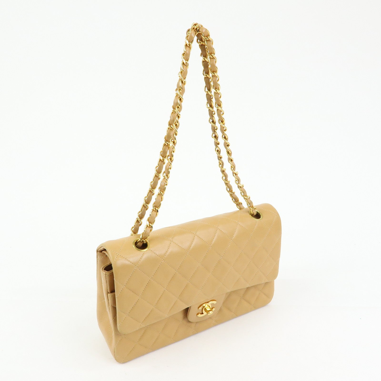 CHANEL Matelasse 25 Double Flap Chain Shoulder Bag Beige A01112