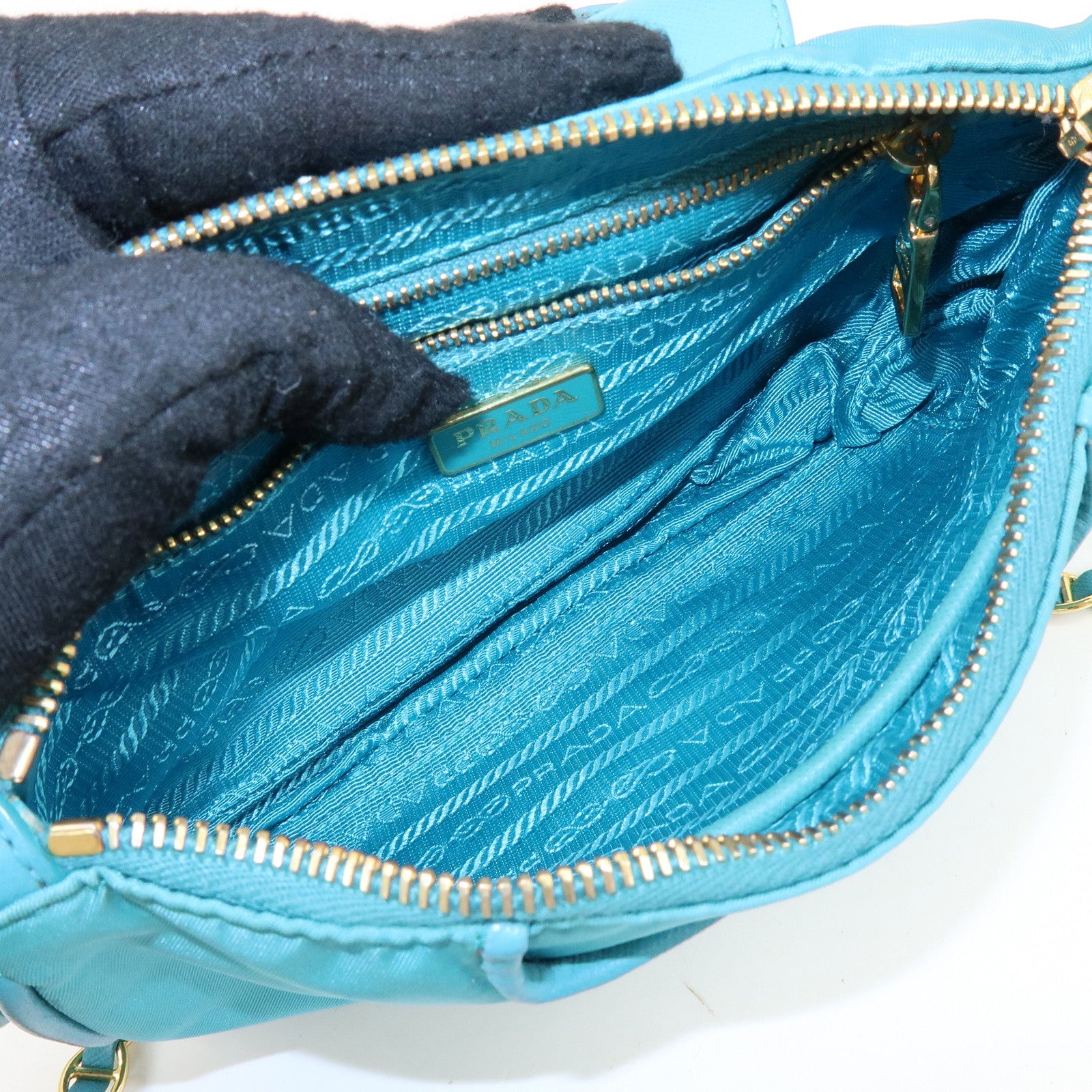 PRADA Triangle Logo Nylon Saffiano Leather Shoulder Bag Blue