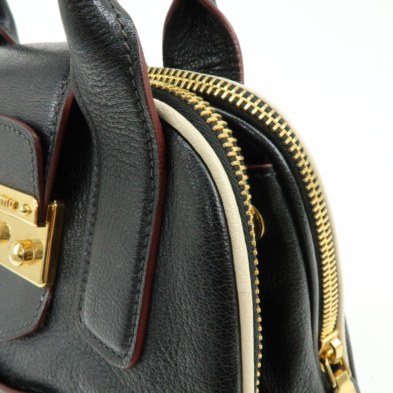 MIU MIU Logo Madras Leather 2Way Bag Hand Bag Shoulder Bag Black