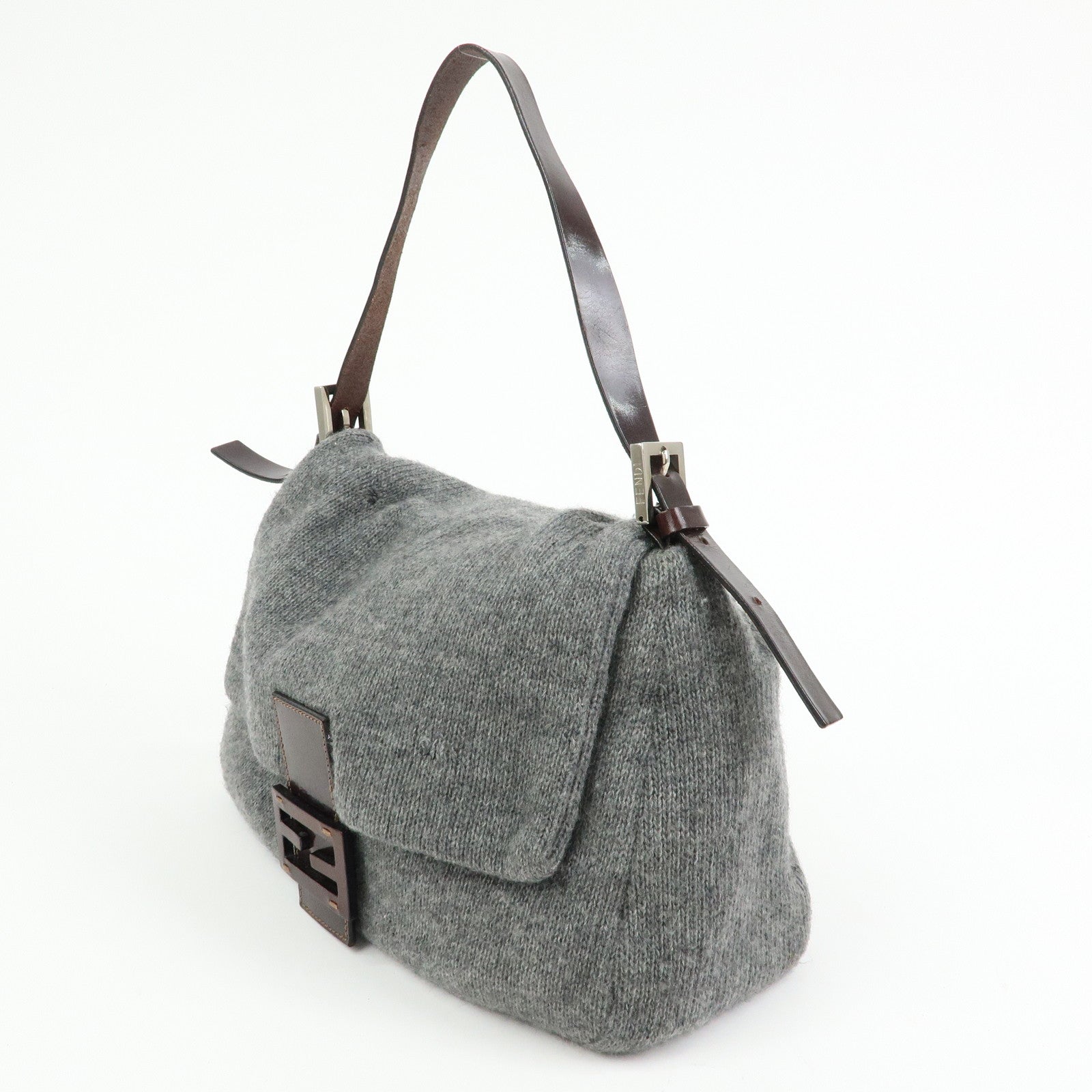 FENDI Mamma Baguette Wool Leather Shoulder Bag Grey Brown 26325