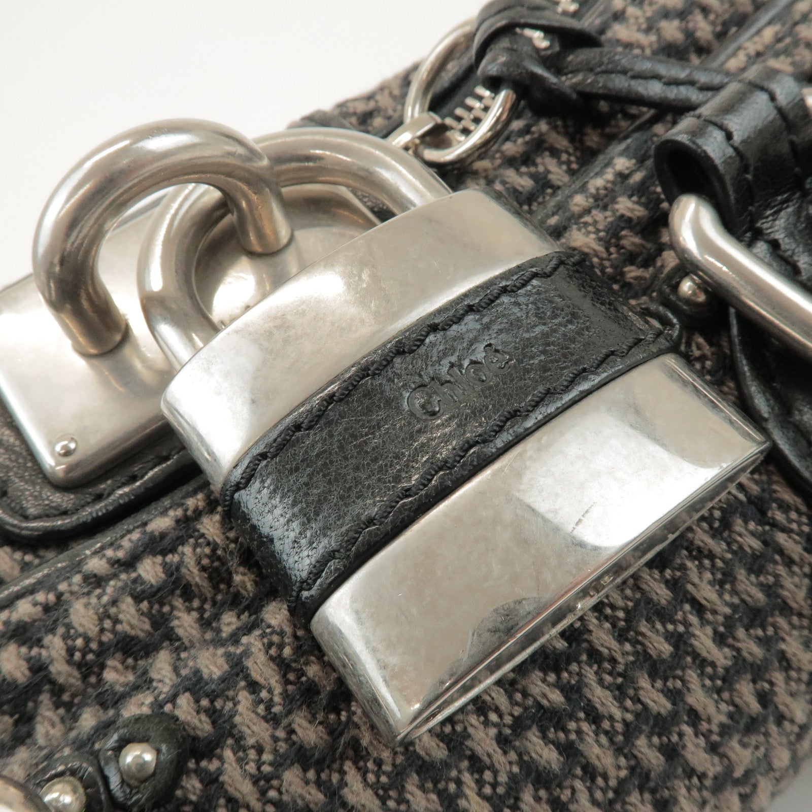 Chloe Paddington Mini Tweed Leather Hand Bag Black Brown