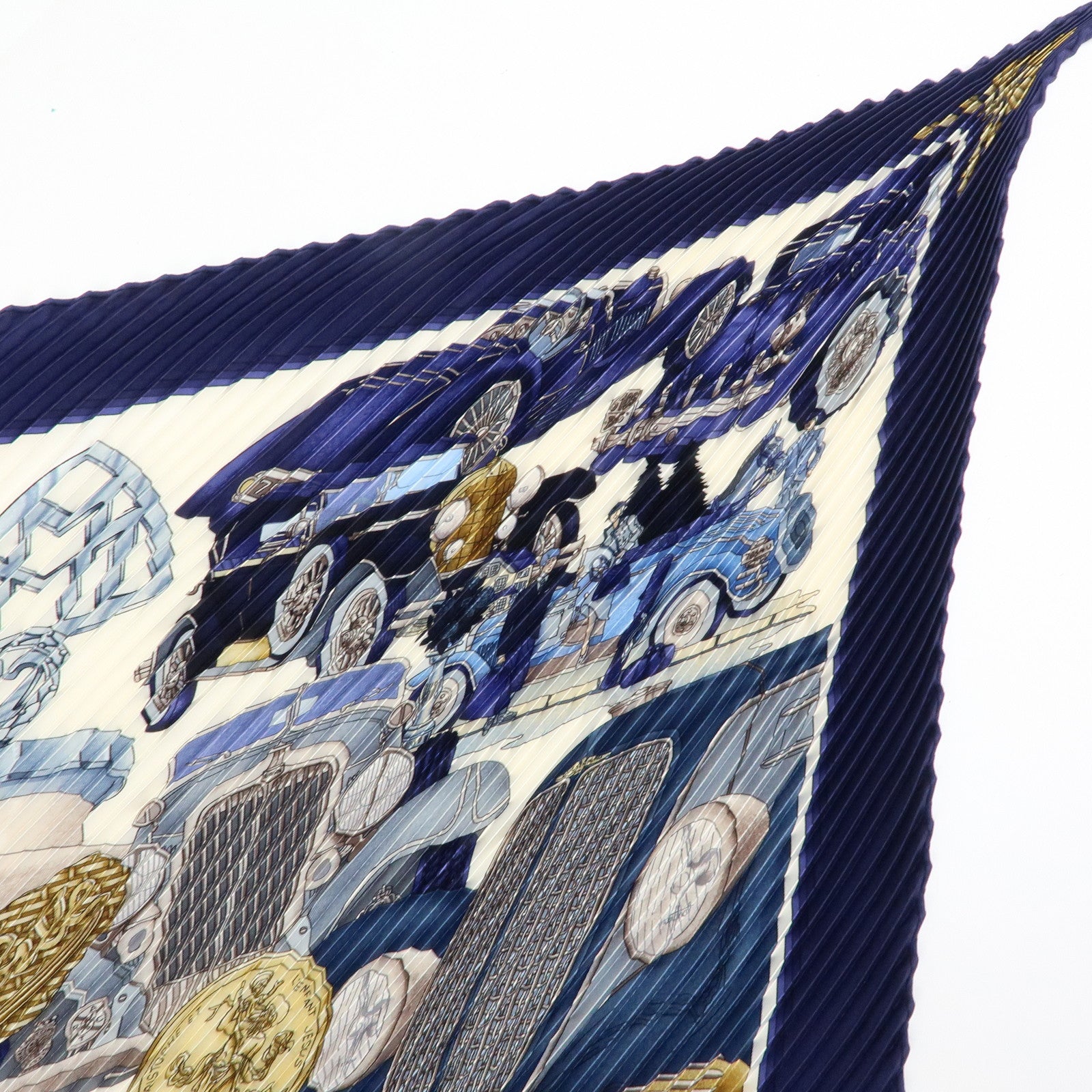HERMES Pleated Carre 90 Silk 100% Scarf Automobile Print Navy White