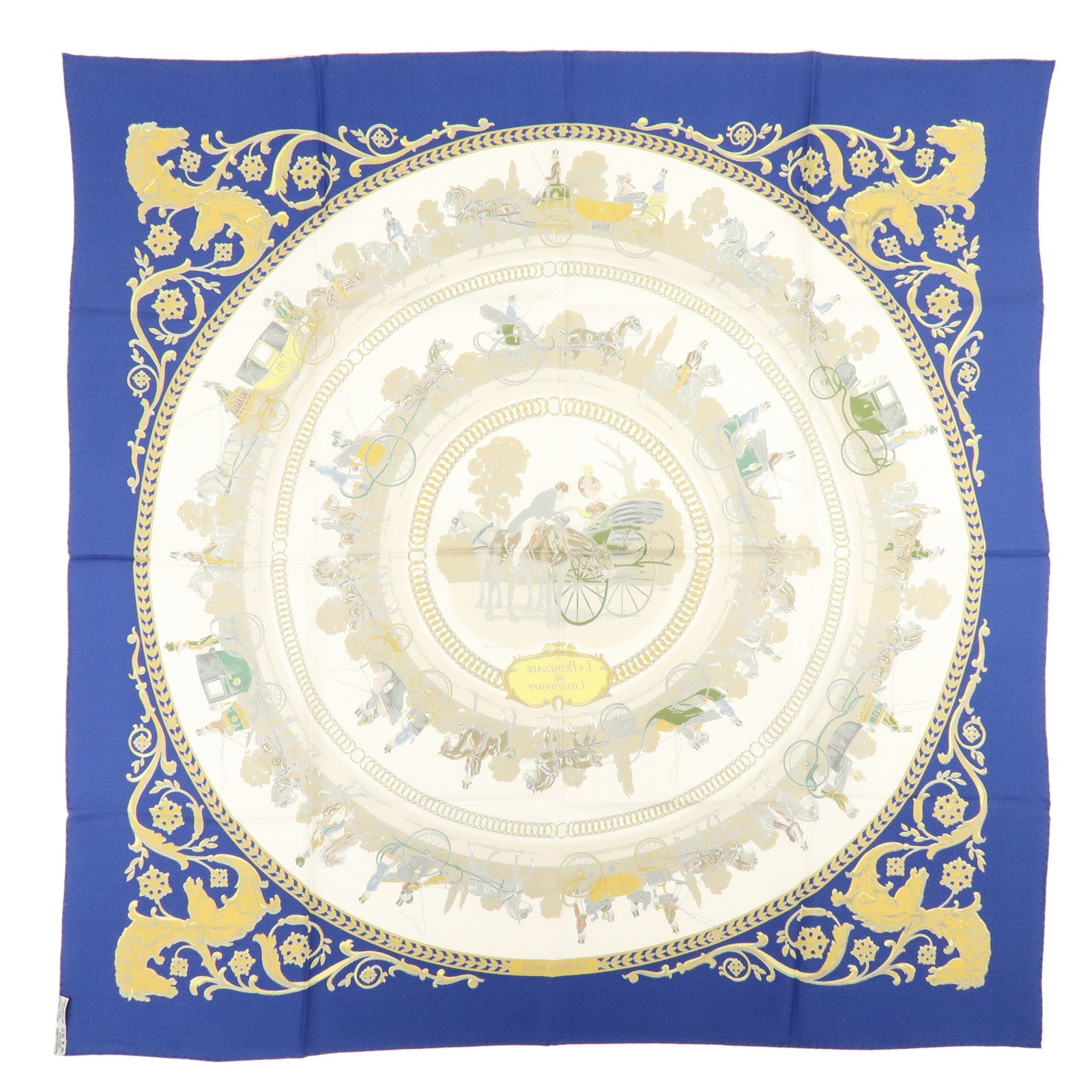 HERMES Carre 90 Silk 100% Scarf LA PROMENADE DE LONGCHAMPS Blue