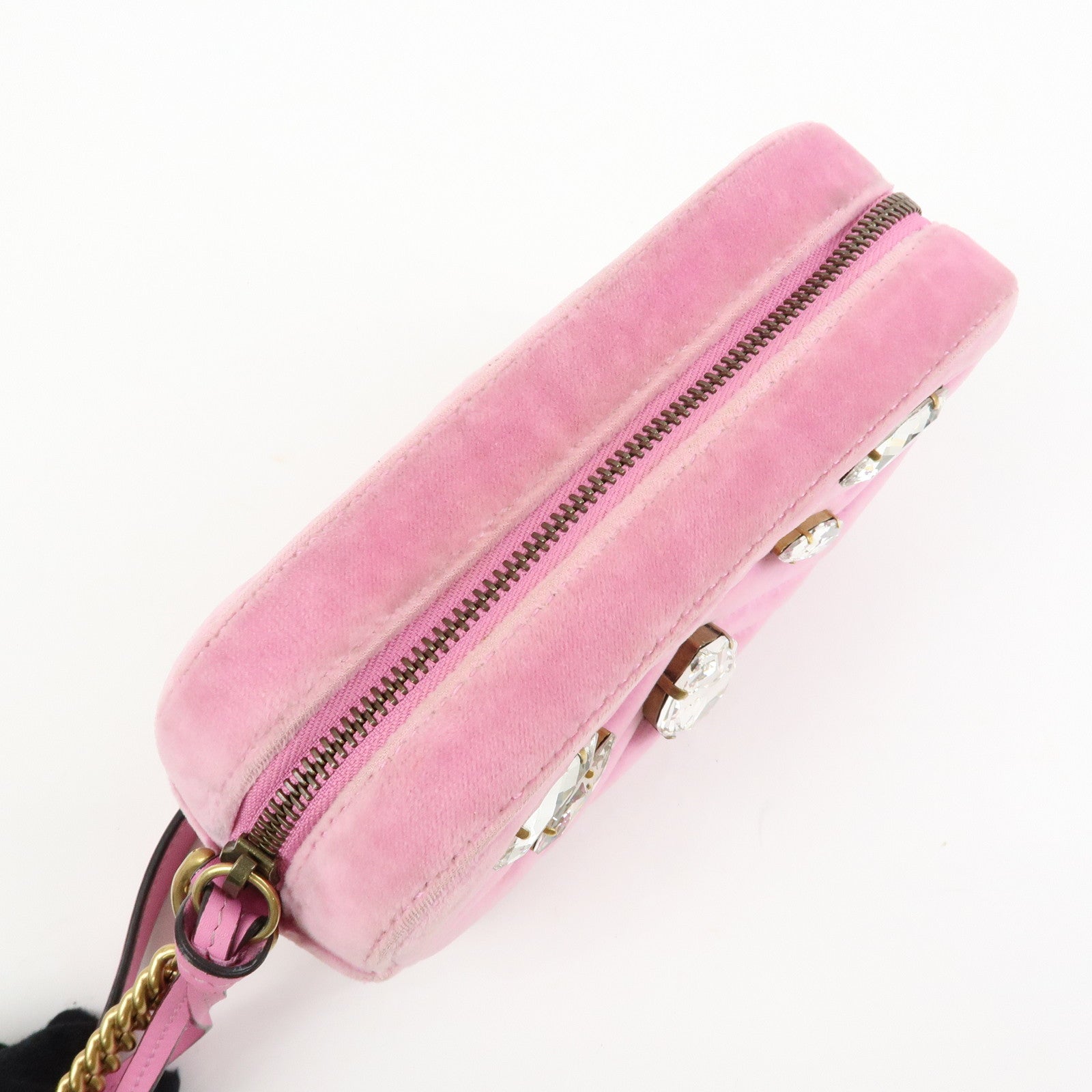 GUCCI GG Marmont Velvet Leather Rhinestone Shoulder Bag Pink 448065