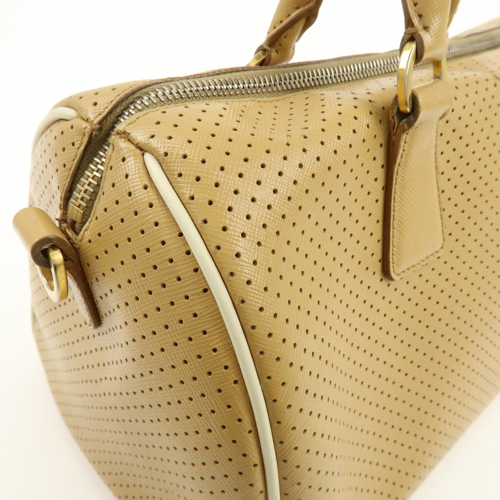 PRADA Triangle Logo Saffiano Leather Punched Boston Bag Beige
