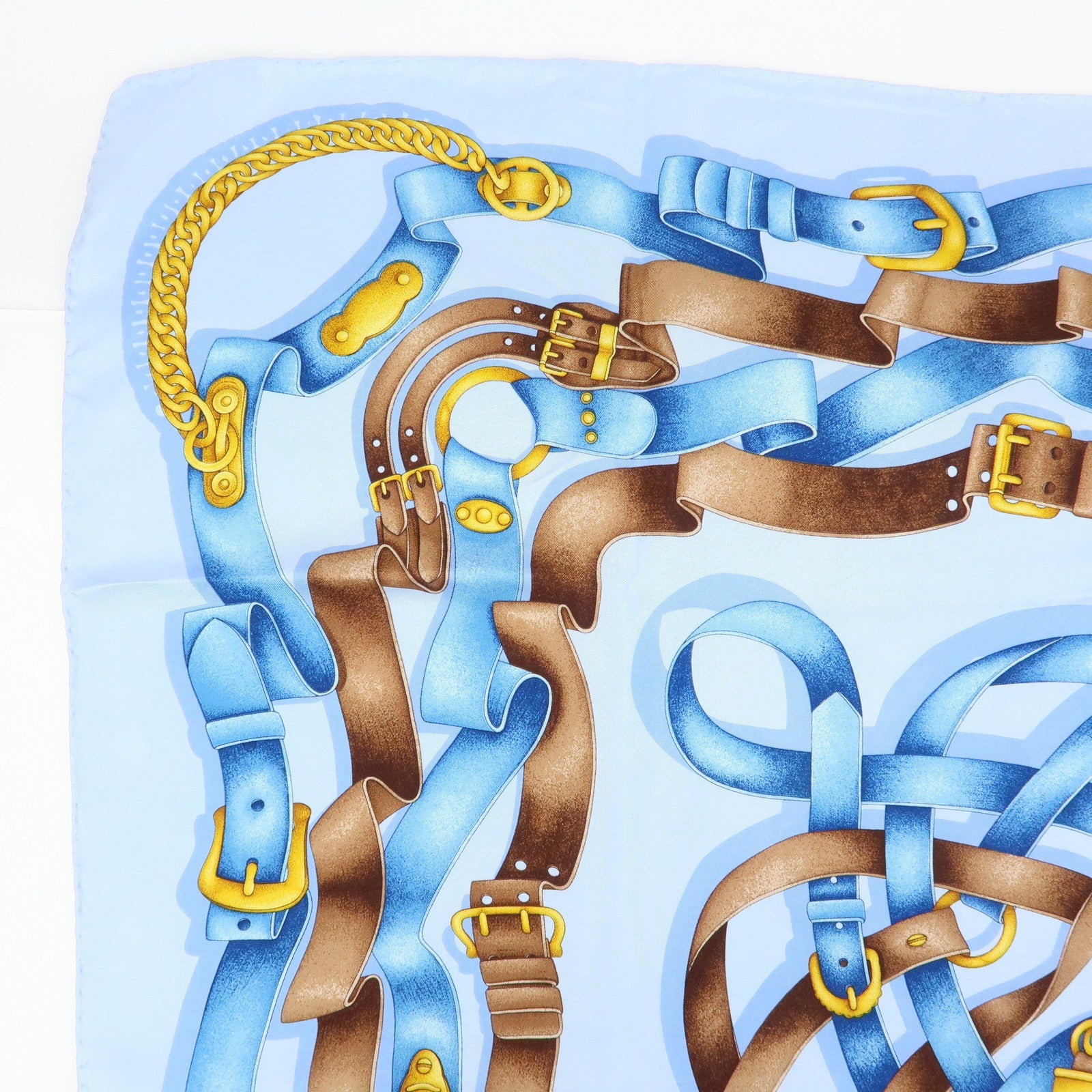 GUCCI Silk 100% Scarf 90x90 Strap Motif Light Blue Brown