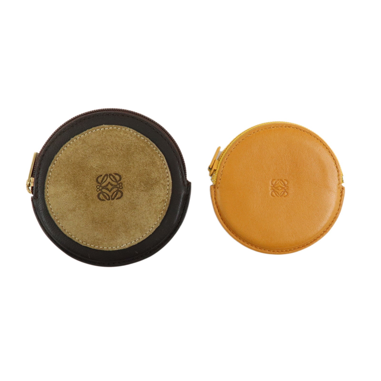 LOEWE Anagram Set of 2 Leather Suede Coin Case Brown Orange