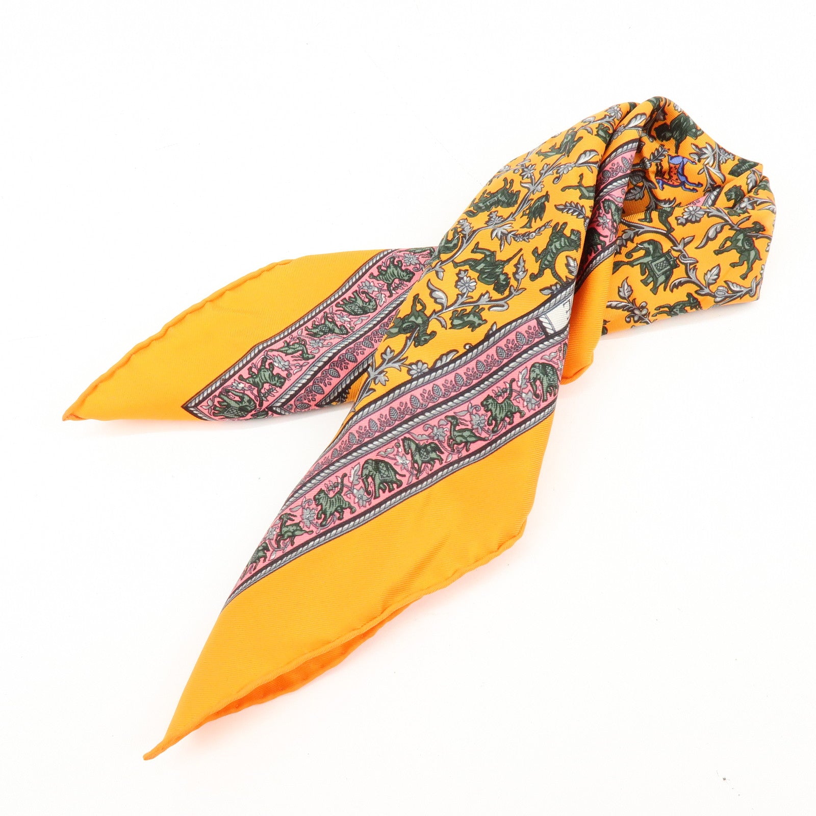 HERMES Carre 42 Set of 2 Silk 100% Scarf Orange Gold Navy