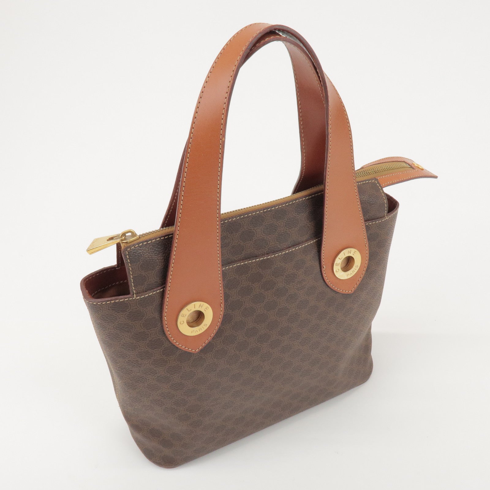 CELINE Macadam PVC Coated Canvas Leather Hand Bag Tote Bag Brown