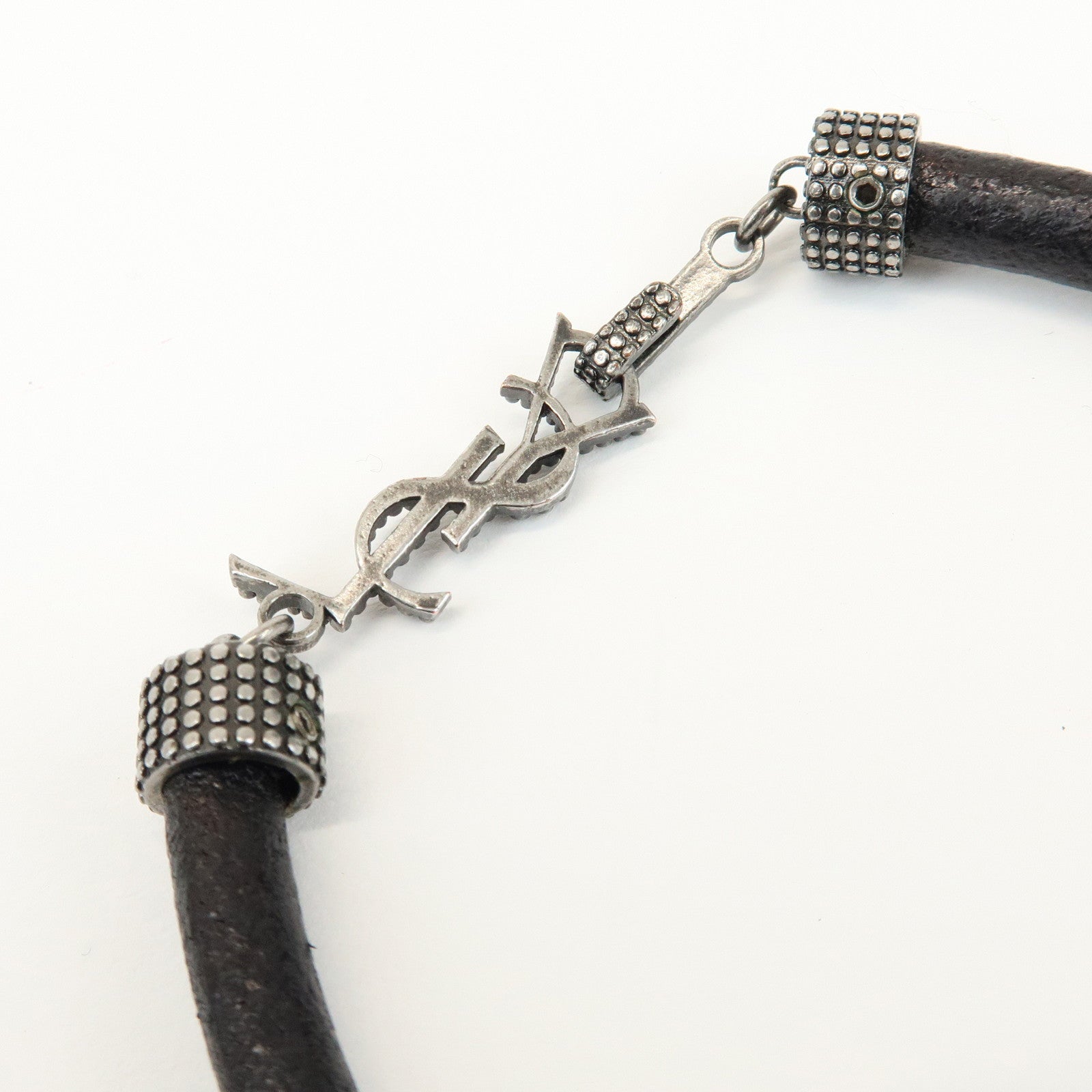 SAINT LAURENT Leather Metal Cassandre Bracelet Black