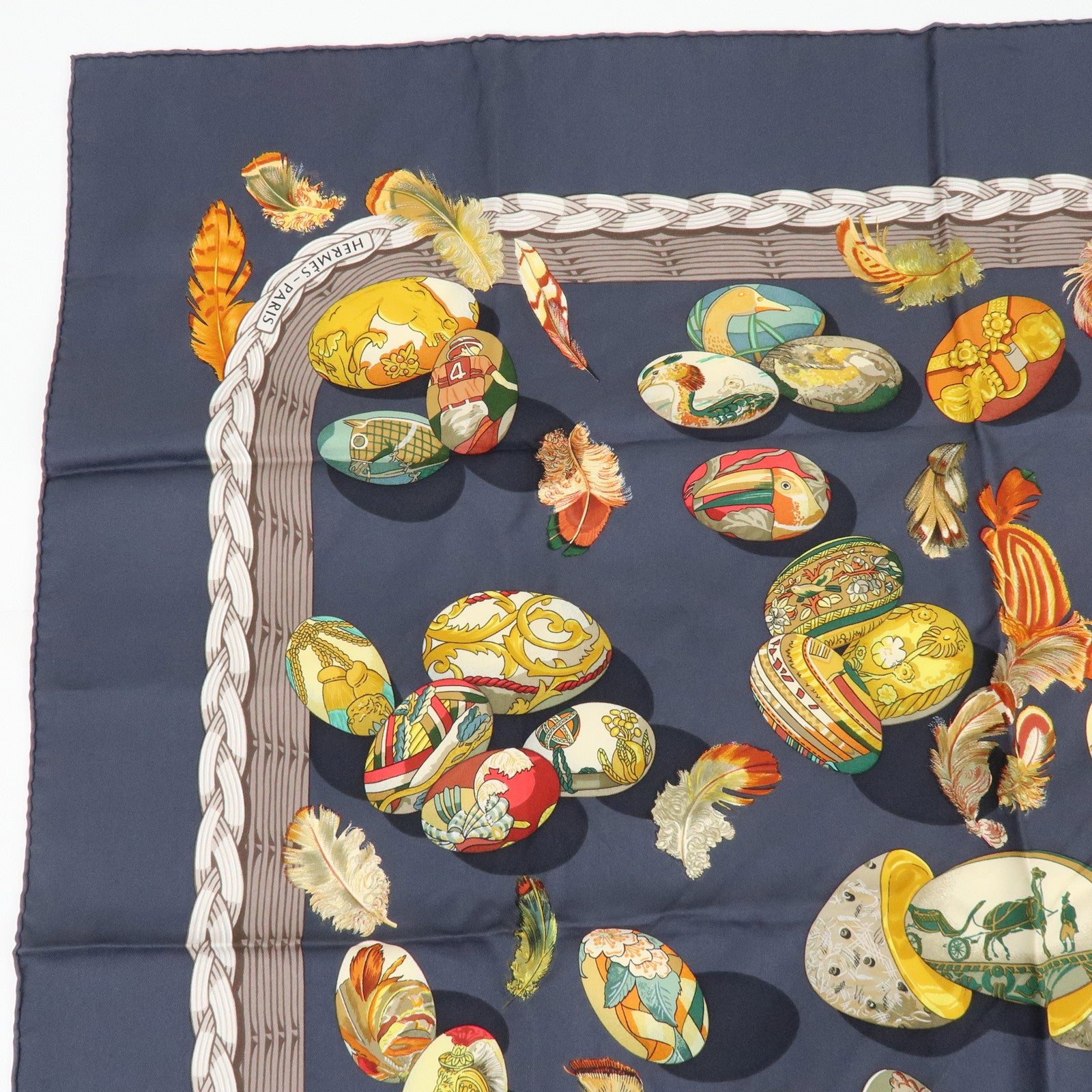 HERMES Carre 90 Silk 100% Scarf COUVEE D HERMES Egg Print Grey