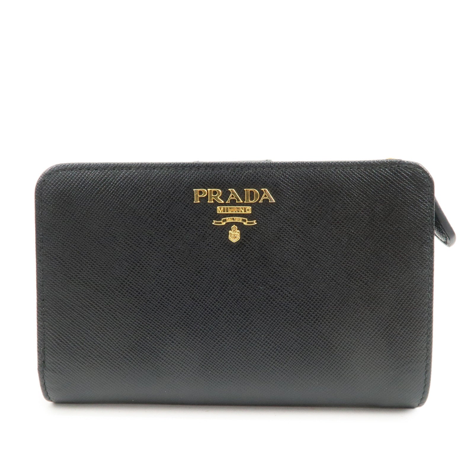 PRADA Logo Saffiano Leather Bi-fold Compact Wallet Black 1M1225