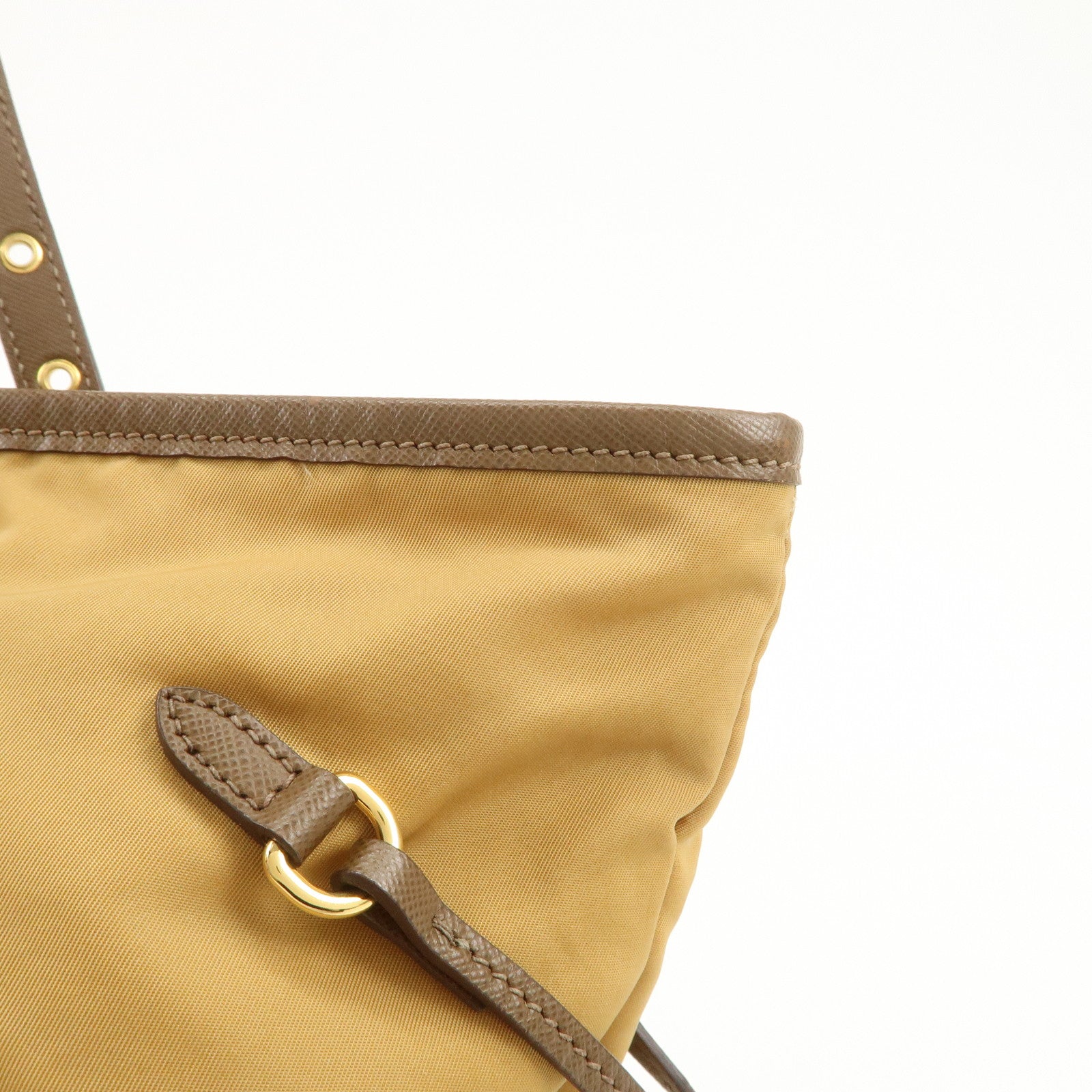 PRADA Logo Nylon Saffiano Leather Tote Bag Shoulder Bag Light Brown