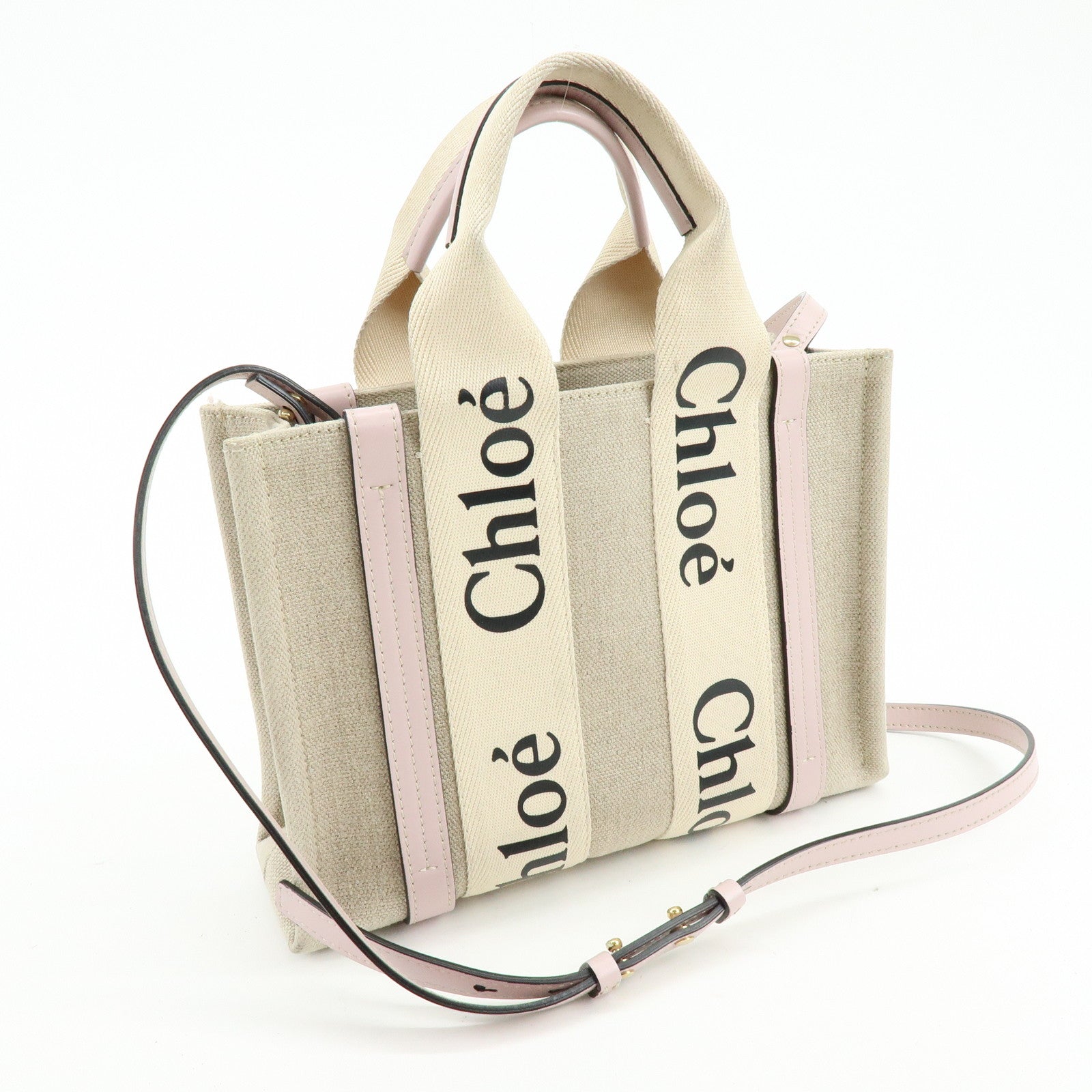 Chloe Woody Canvas Leather 2Way Bag Shoulder Bag Natural Pink