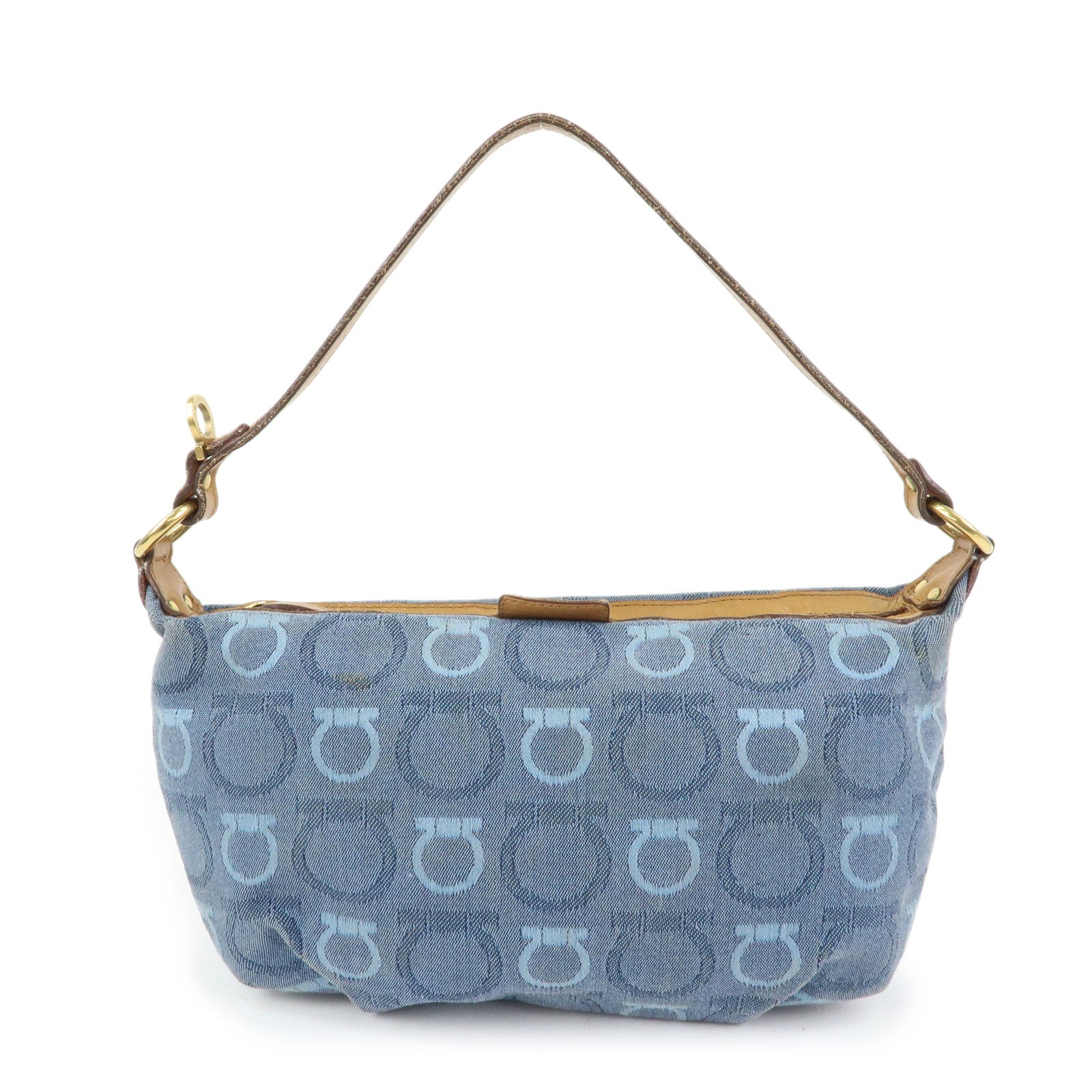 Ferragamo Gancini Canvas Leather Hand Bag Blue Light brown