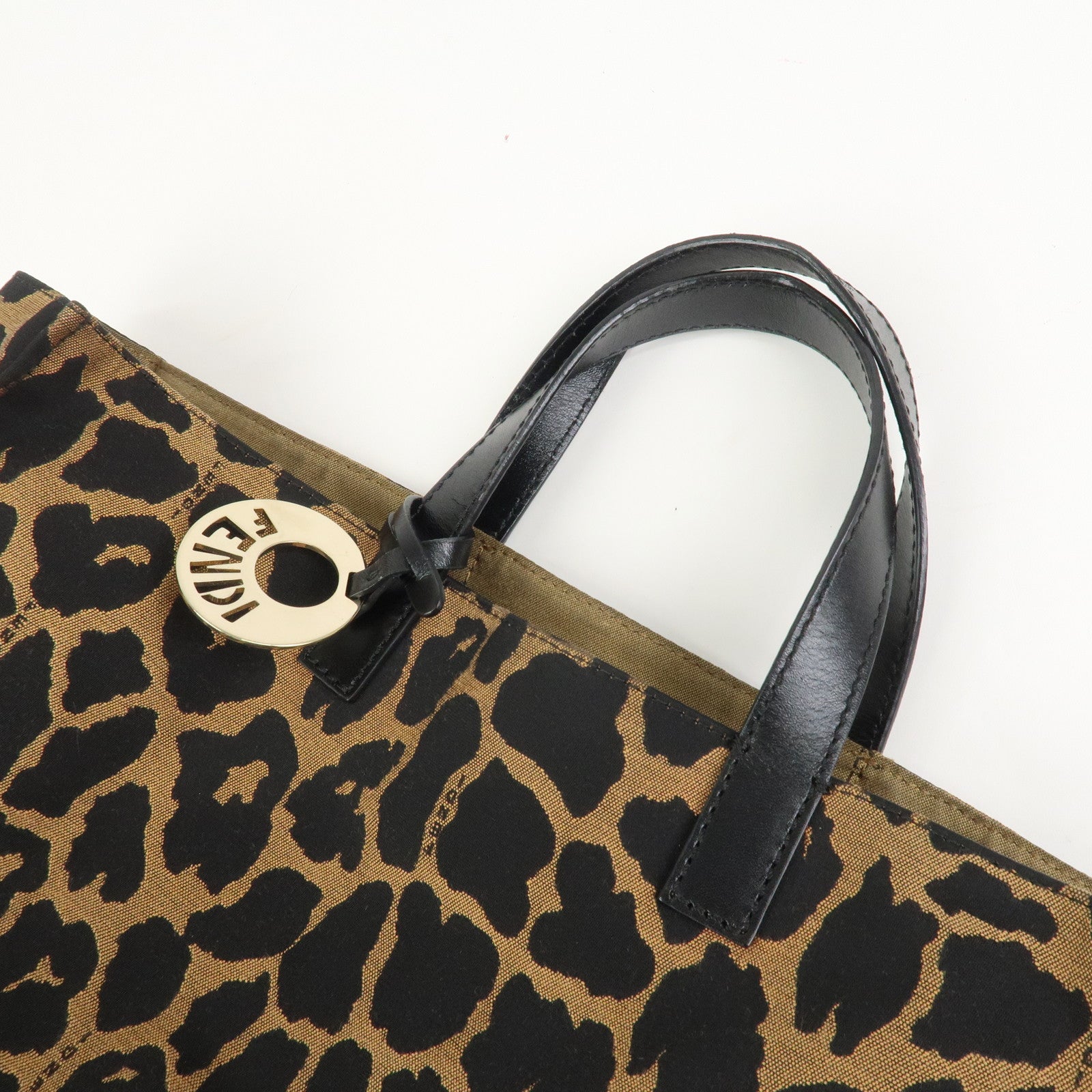 FENDI Leopard Canvas Leather Tote Bag Hand Bag Brown Black 8BH173