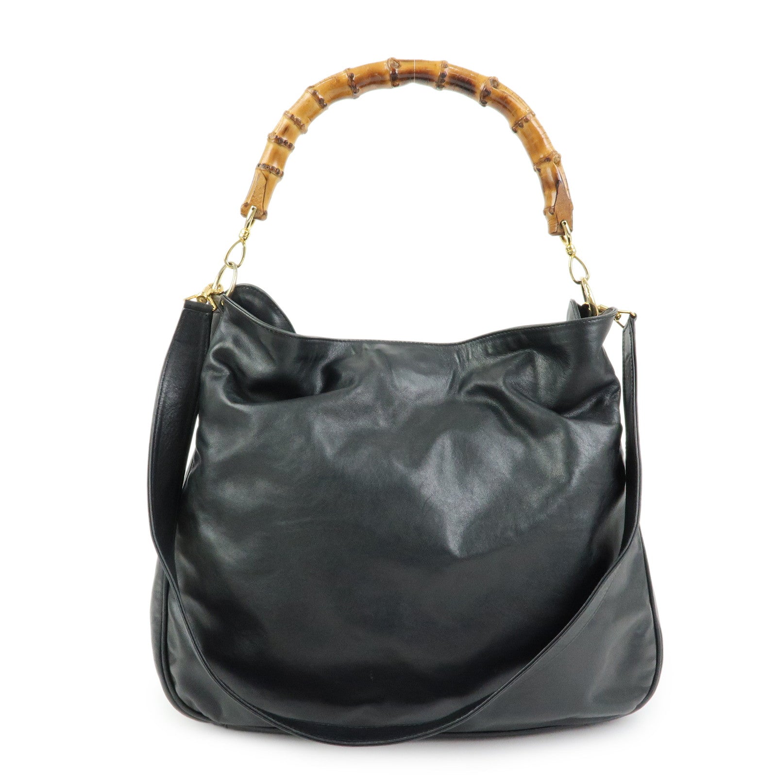 GUCCI Bamboo Leather 2Way Bag Hand Bag Shoulder Bag Black 001・1781