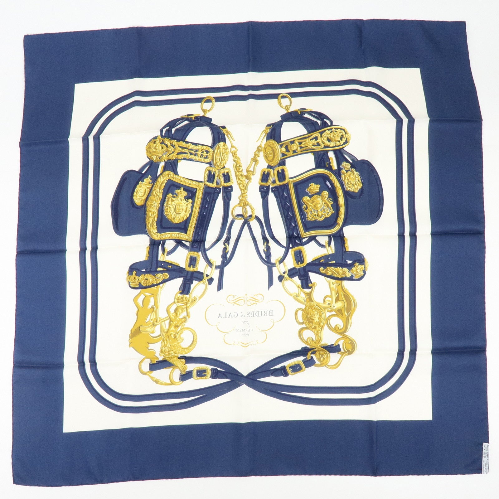 HERMES Carre 90 Silk 100% Scarf BRIDES DE GALA Navy Gold