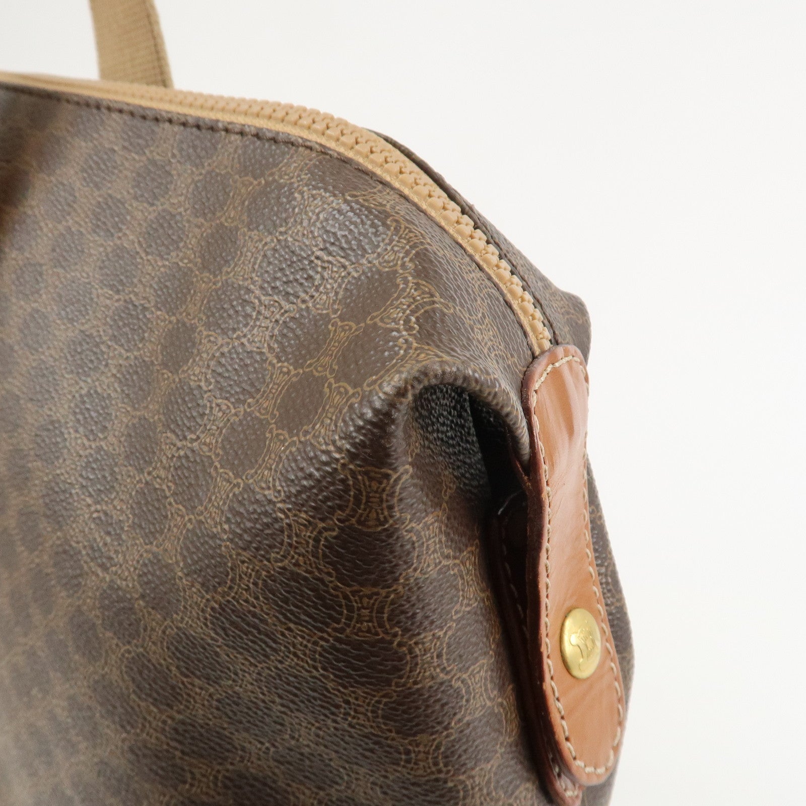 CELINE Macadam PVC Canvas Leather Boston Bag Hand Bag Brown