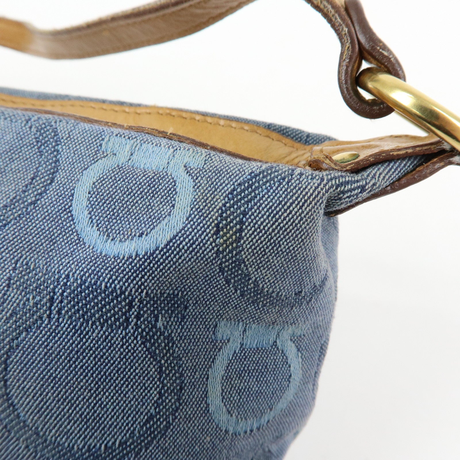 Ferragamo Gancini Canvas Leather Hand Bag Blue Light brown