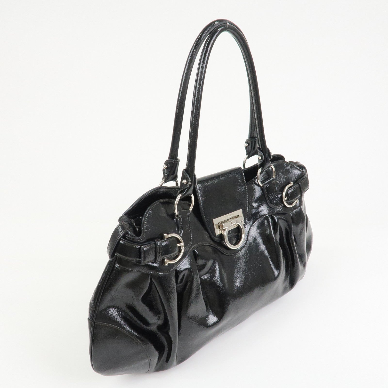 Ferragamo Gancini Patent Leather Hand Bag Shoulder Bag Black