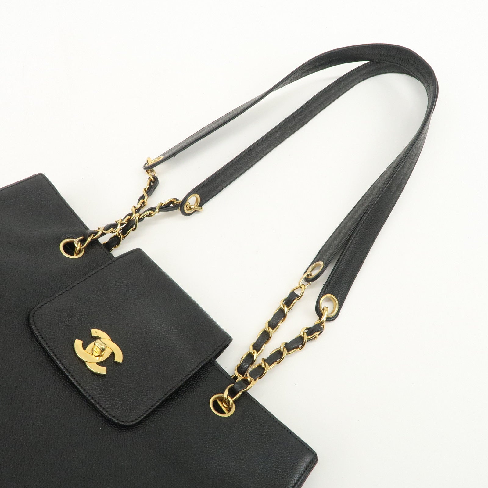 CHANEL COCO Mark Caviarskin Chain Tote Bag Shoulder Bag Black Gold