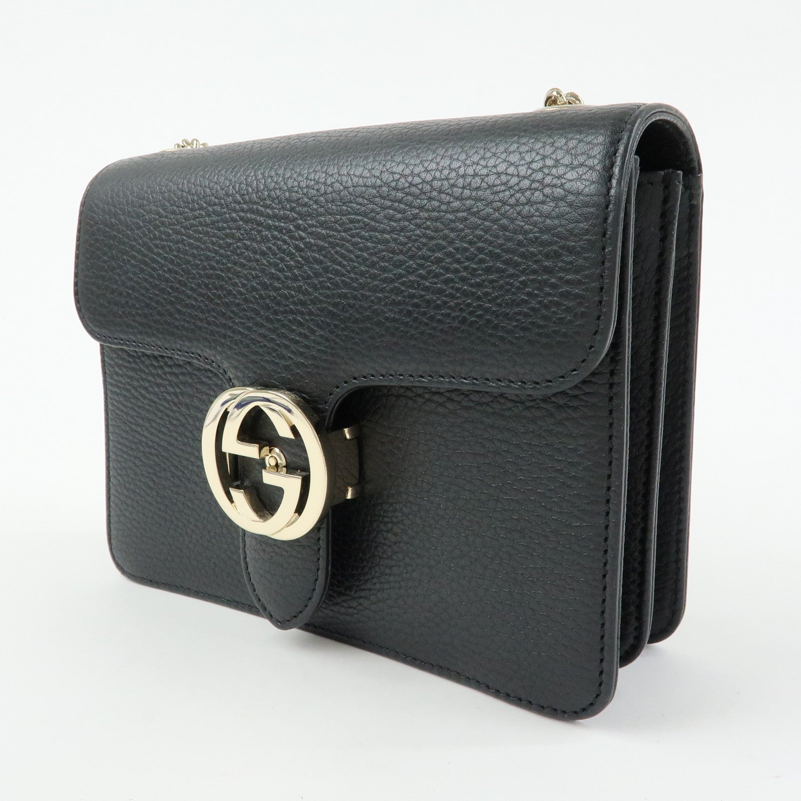 GUCCI Interlocking G Leather Chain Flap Shoulder Bag Black 510304