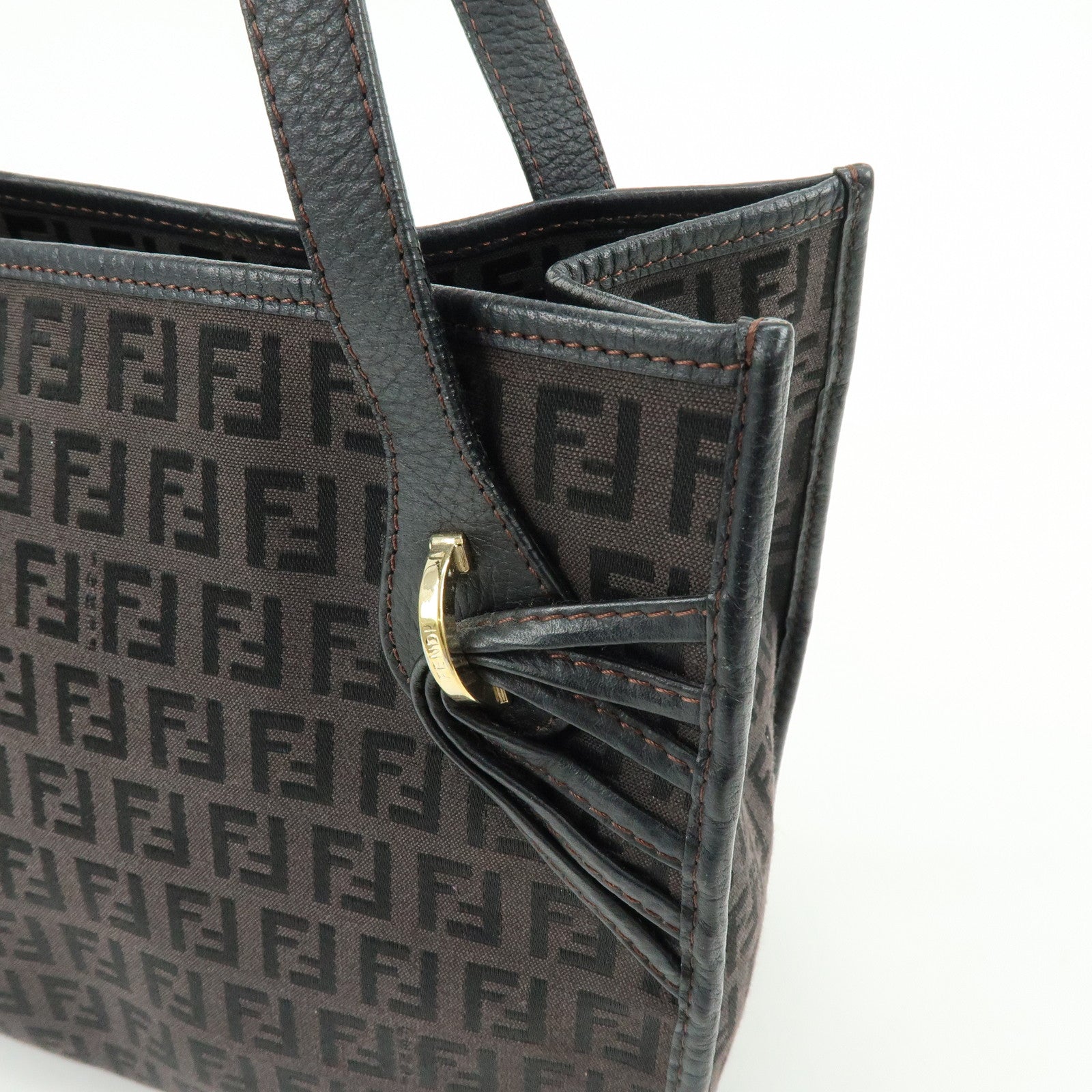 FENDI Zucchino Canvas Leather Hand Bag Tote Bag Brown 8BH152