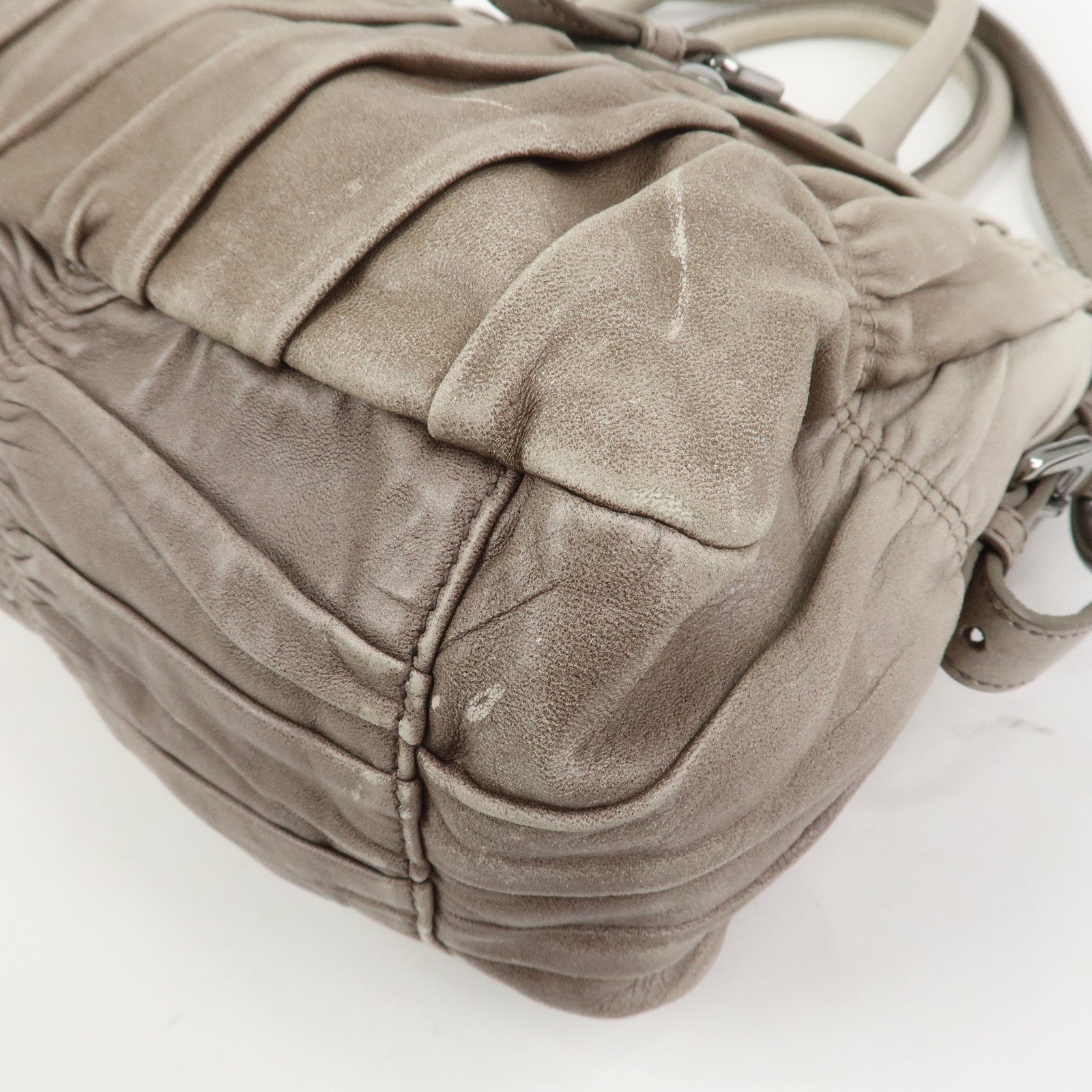 PRADA Leather Gathered 2Way Bag Hand Bag Shoulder Bag Gray BN1407