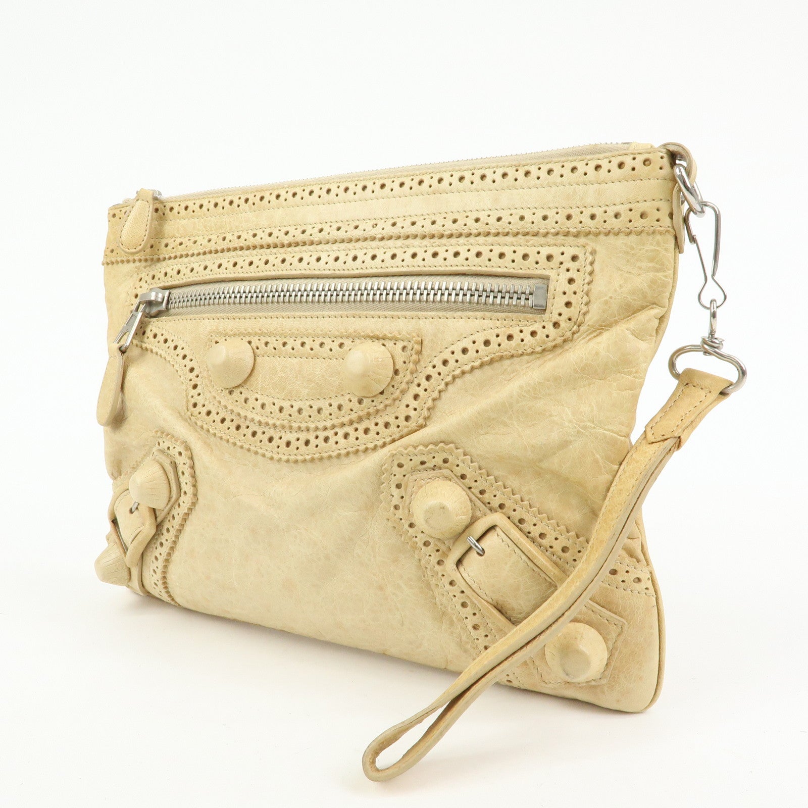 BALENCIAGA Leather Giant Clutch Bag Pouch Beige 204533