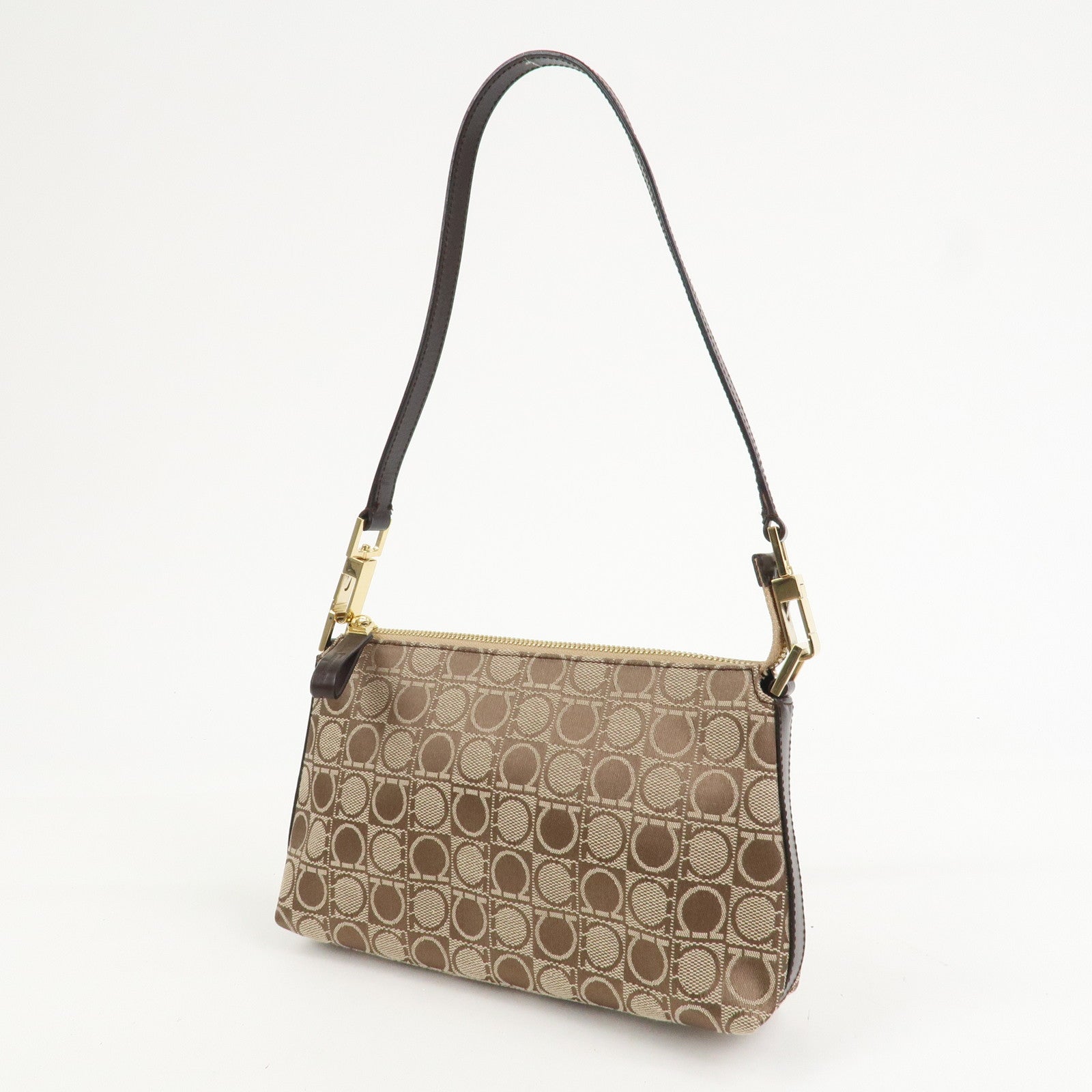 Ferragamo Gancini Canvas Leather Shoulder Bag Hand Bag Brown